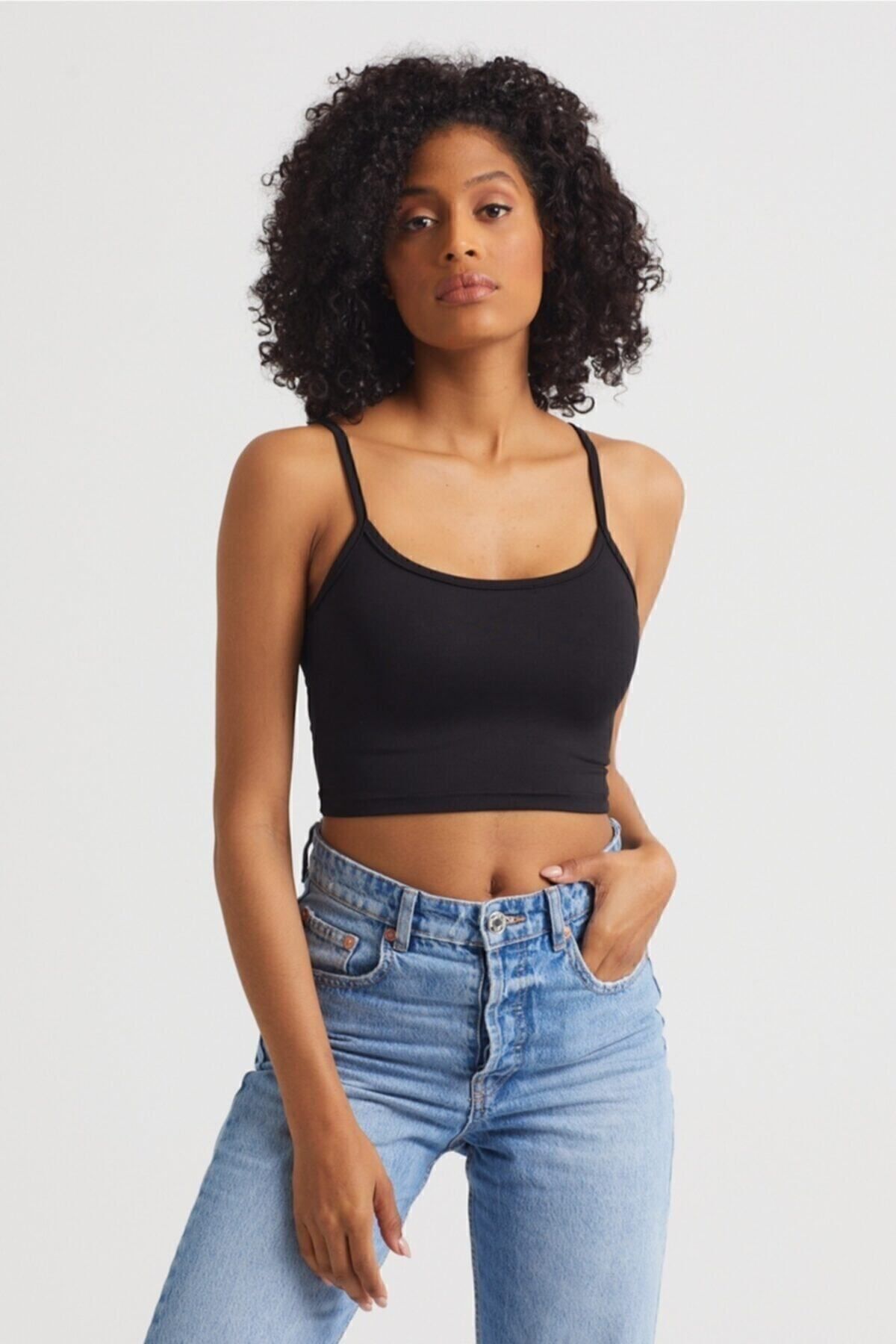 Butik Kadın Siyah Scuba Kumaş İp Askılı Crop Top