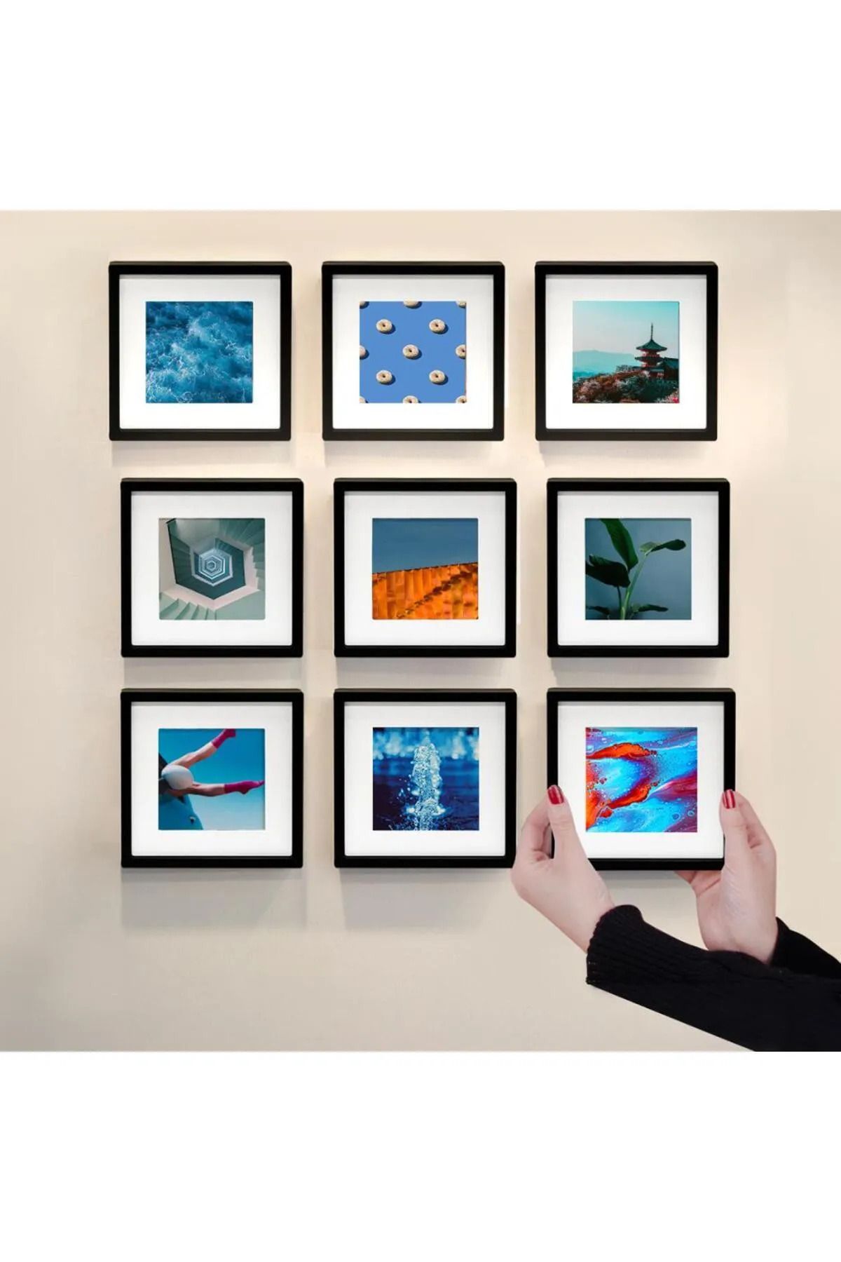 Elioure Yapışkanlı Sök-Tak Siyah Kare Fotoğraf Çerçevesi 14x14cm, 9'lu Paket
