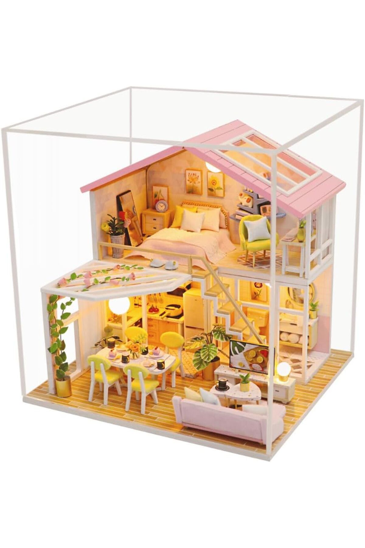 STOREMAX jvnnastore Ev Yapma Seti – LED Işıklı Ahşap DIY Maket – Kendin Yap Balkonlu Ev Modeli – Ye