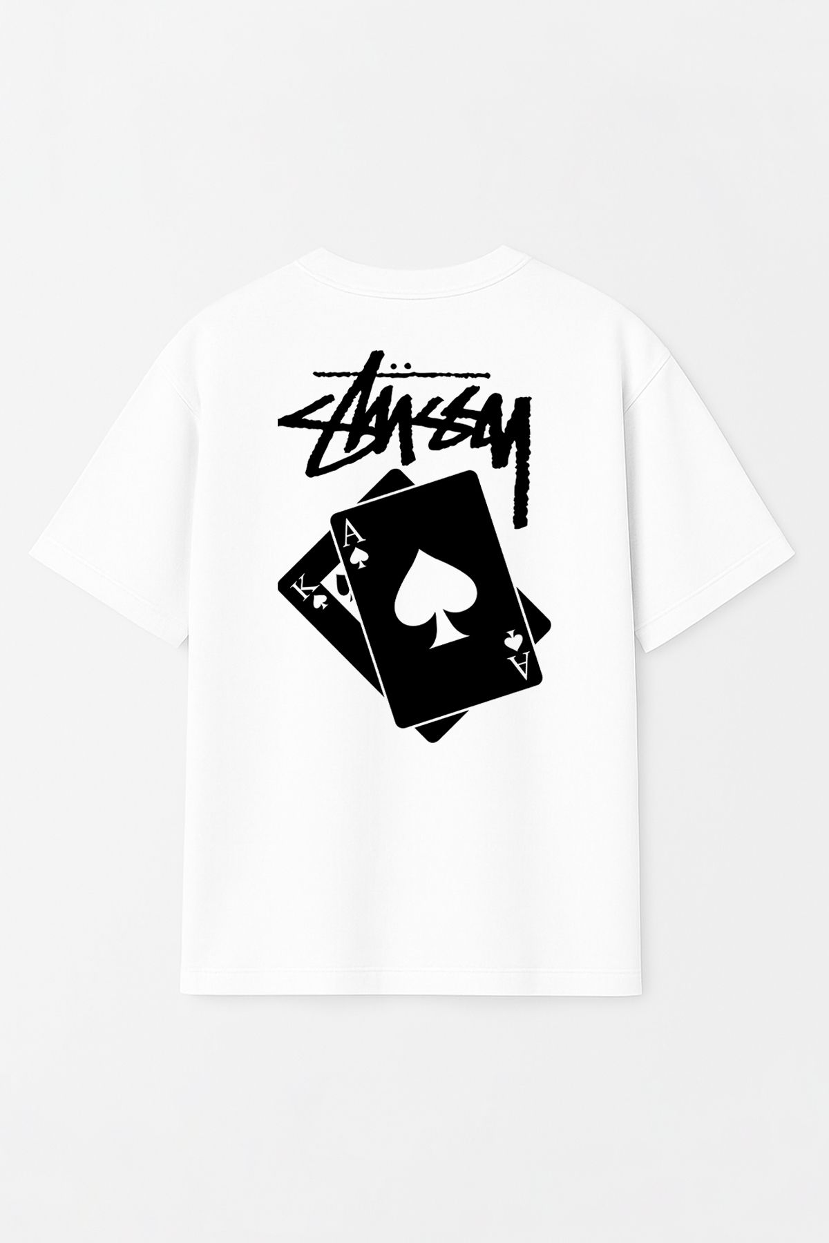 THE RULE Unisex Stüssy İskambil Baskılı Oversize %100 Pamuk Geniş Kesim Dokulu Bisiklet Yaka Tişört RF0524