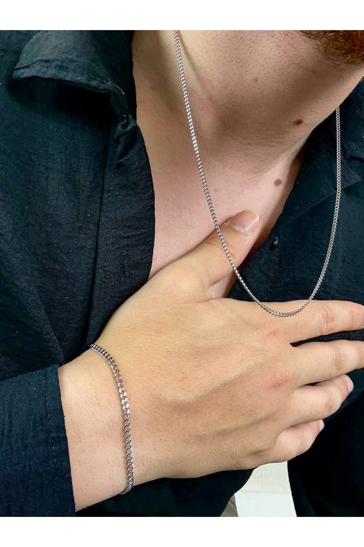 Arvens Silver Erkek Zincir Bileklik Ve Kolye Paslanmaz Çelik Renk Atmaz Unısex Kararmaz Set İkili
