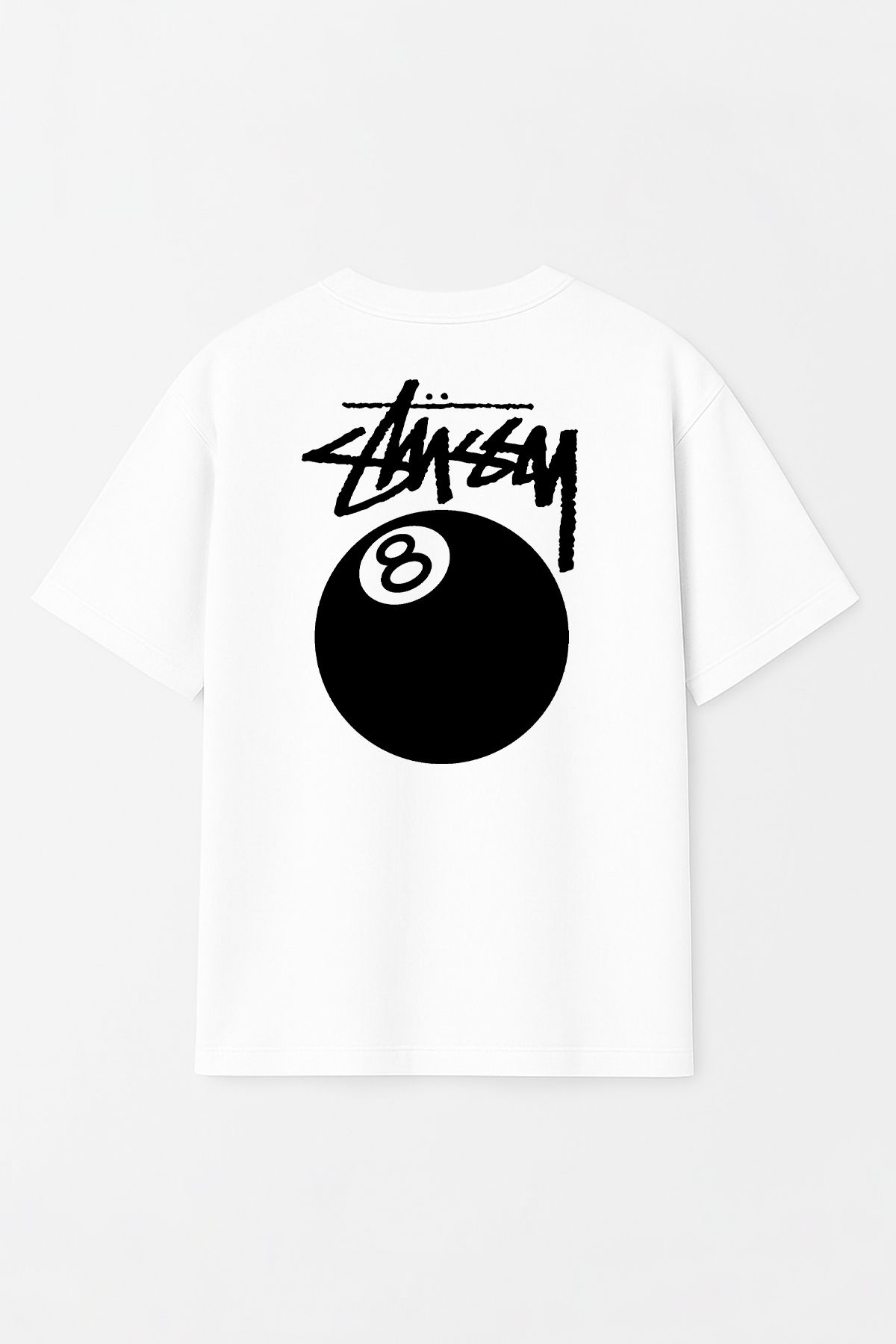 THE RULE Unisex Stüssy Bilardo Topu Baskılı Oversize %100 Pamuk Geniş Kesim Bisiklet Yaka Beyaz Tişört RF0525