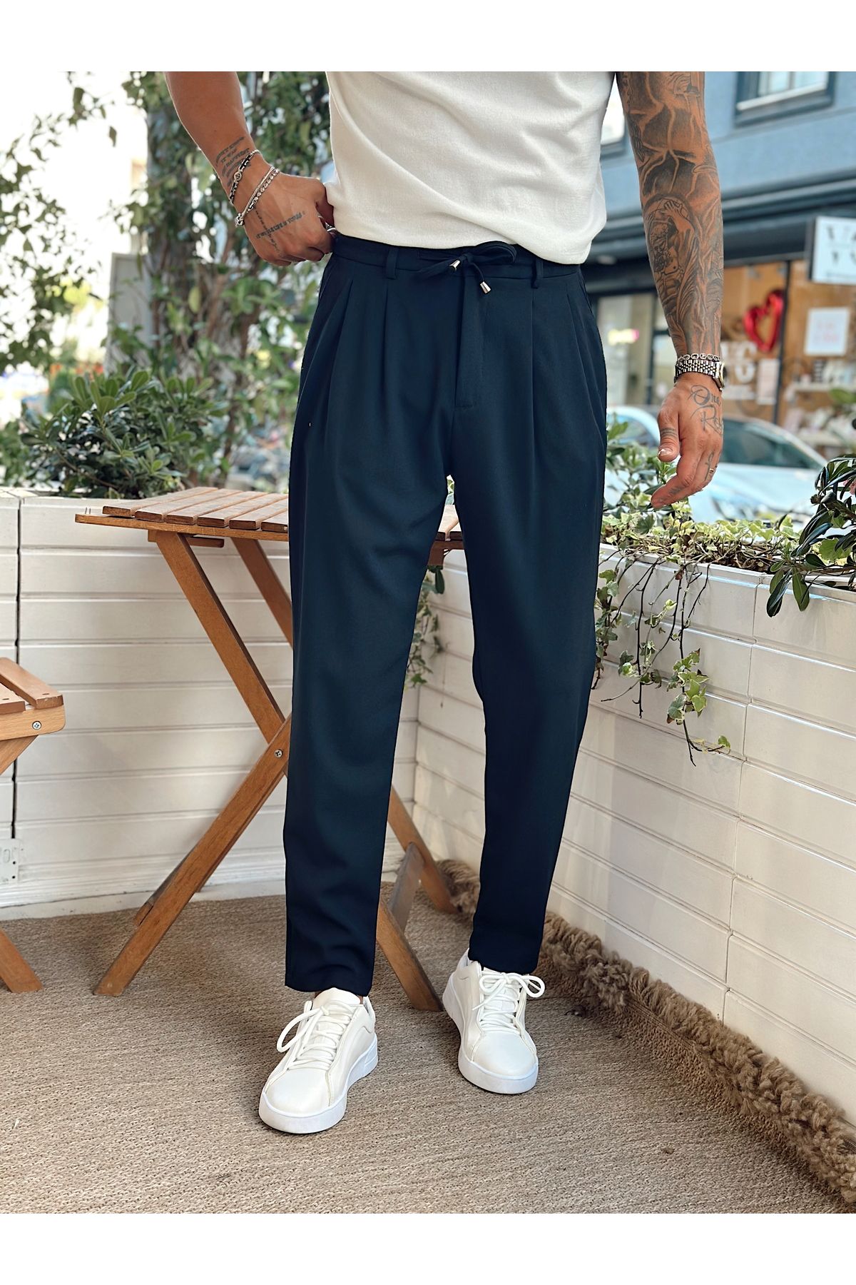 manch collection İtalyan Kesim Beli İpli Kumaş Pantolon laci