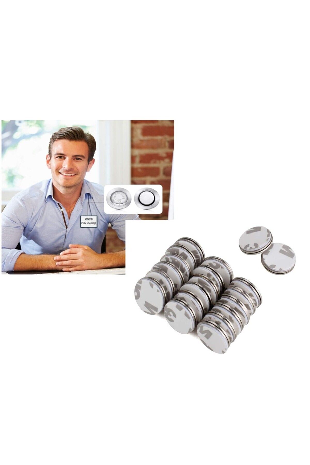 Elioure 50 adet yuvarlak yapışkanlı isimlik ve yaka kartı mıknatısı, 21 mm çap
