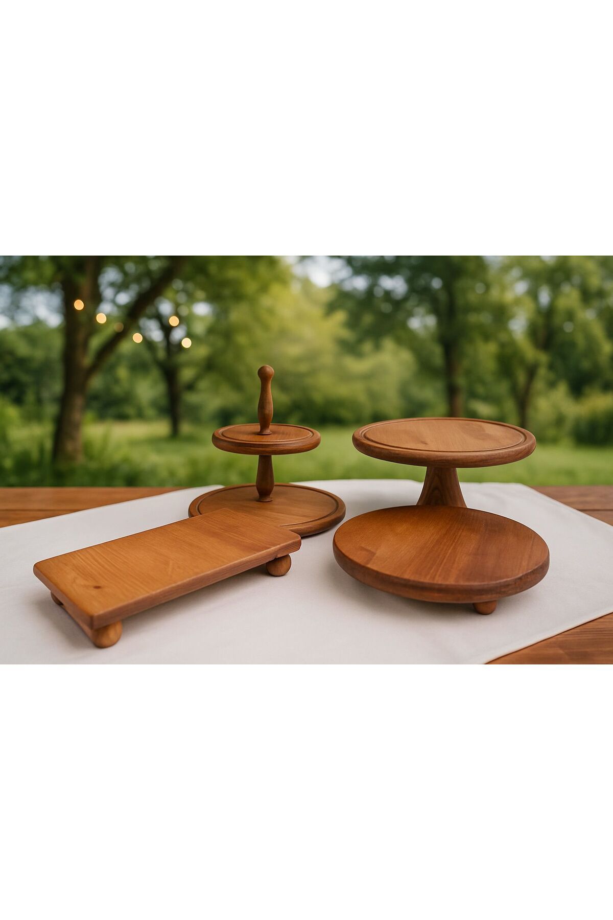 MERALP 4lü Ahşap Pasta Sunum 28 Cm Stand Pastalık, Dikdörtgen Sunumluk, 2 Katlı Kek Standı