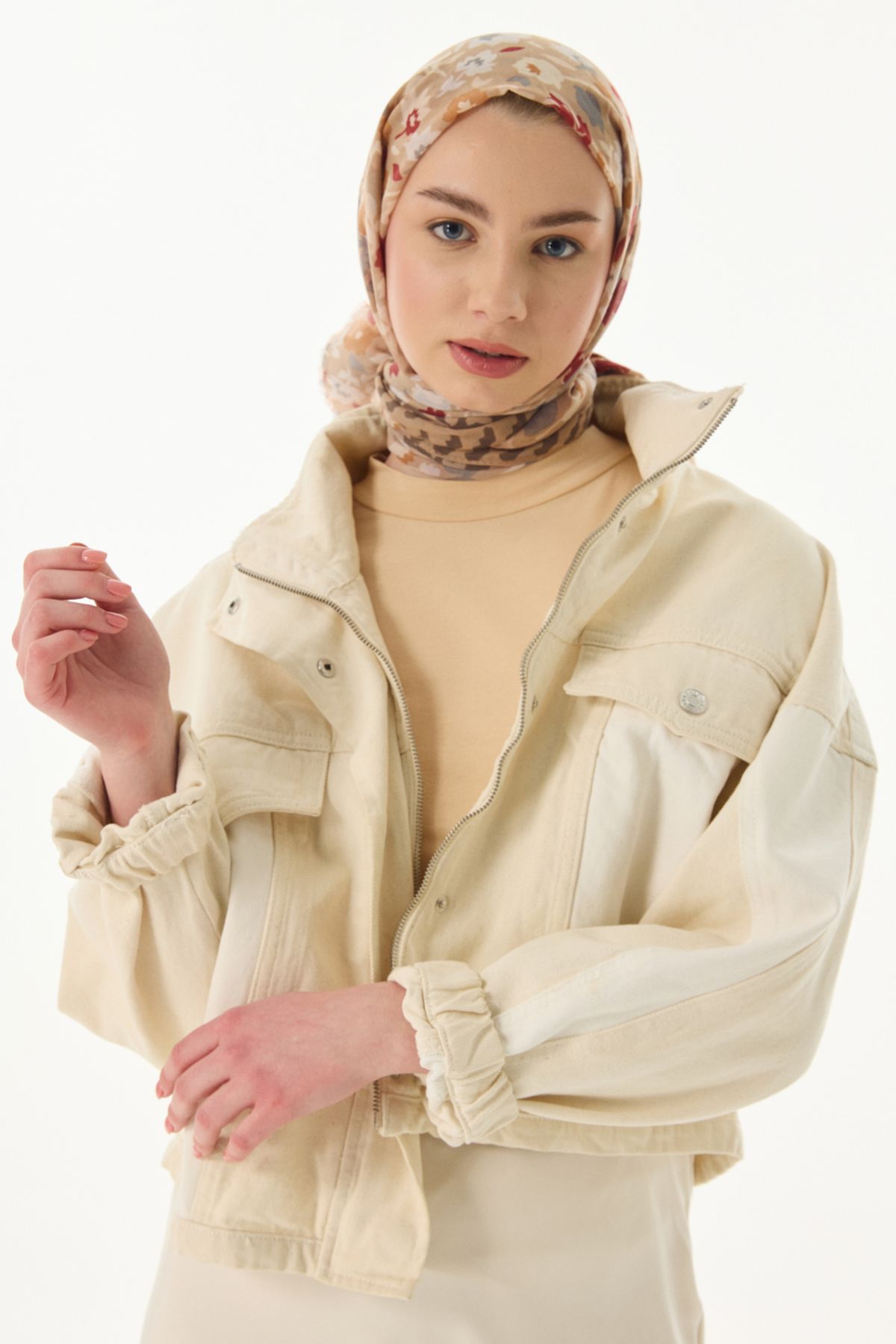 FENZA SCARF Çiçekli Desen Pamuklu Şal - Vizon-Kiremit