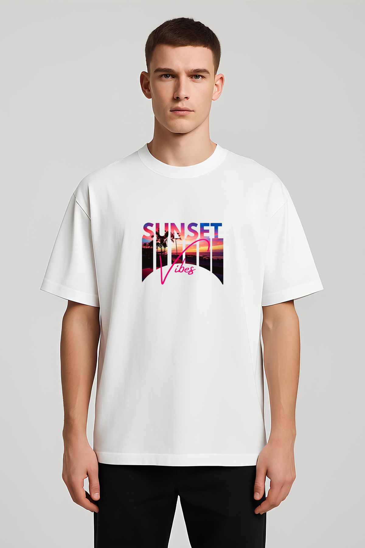 MODA Unisex Oversize Kalıp Sunset Vibes Baskılı T-Shirt