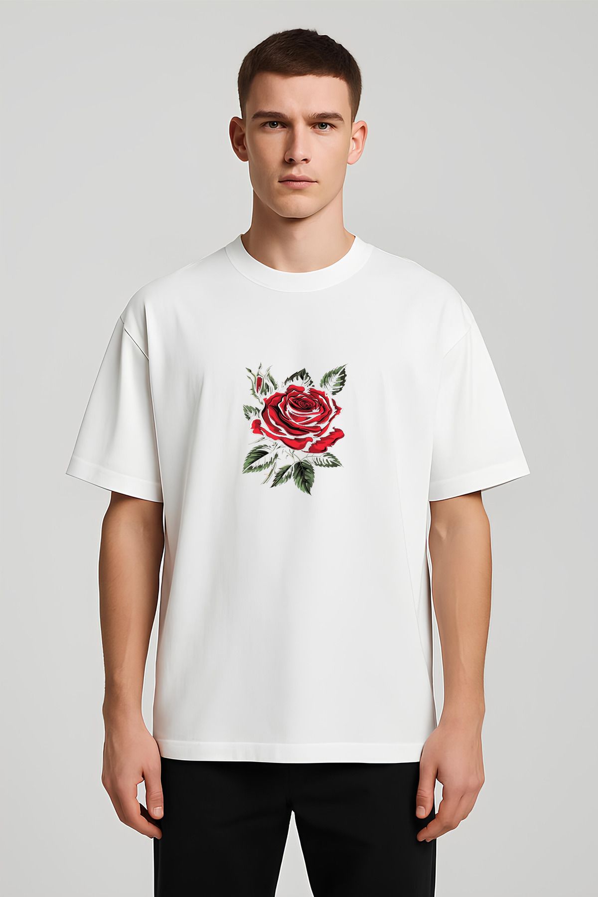 MODA Unisex Oversize Kalıp Gül Baskılı T-Shirt
