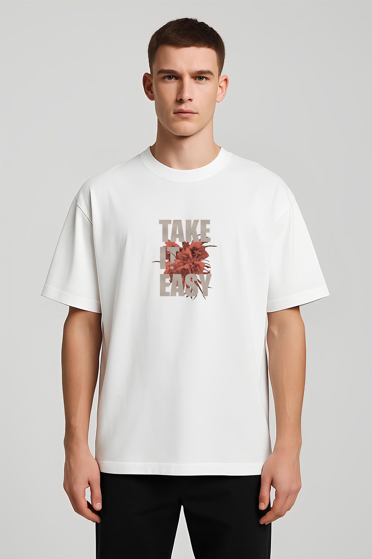 MODA Unisex Oversize Kalıp Take it Easy Baskılı T-Shirt