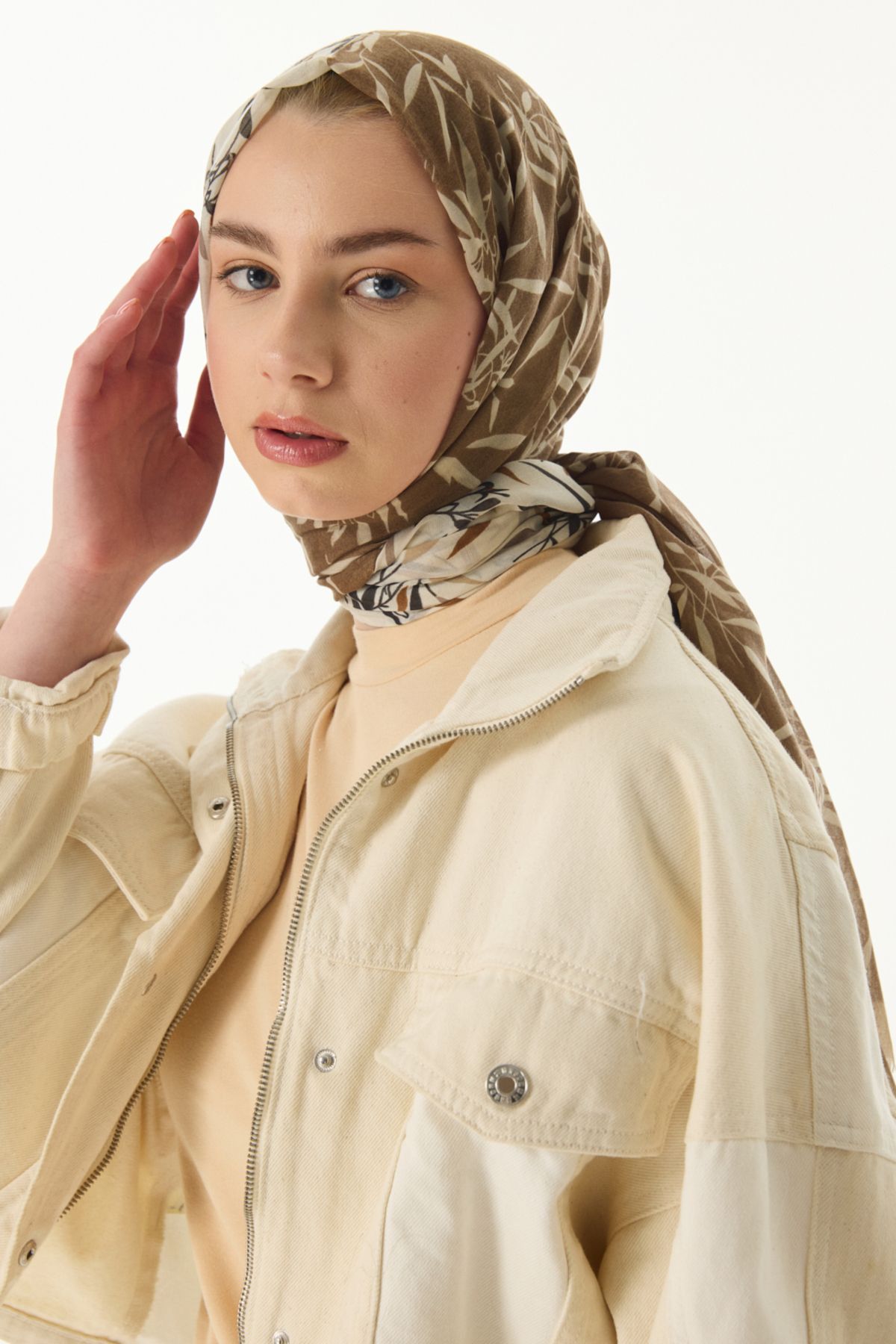 FENZA SCARF Zeytin Yaprağı Desenli Pamuklu Şal - Kahve-Bej
