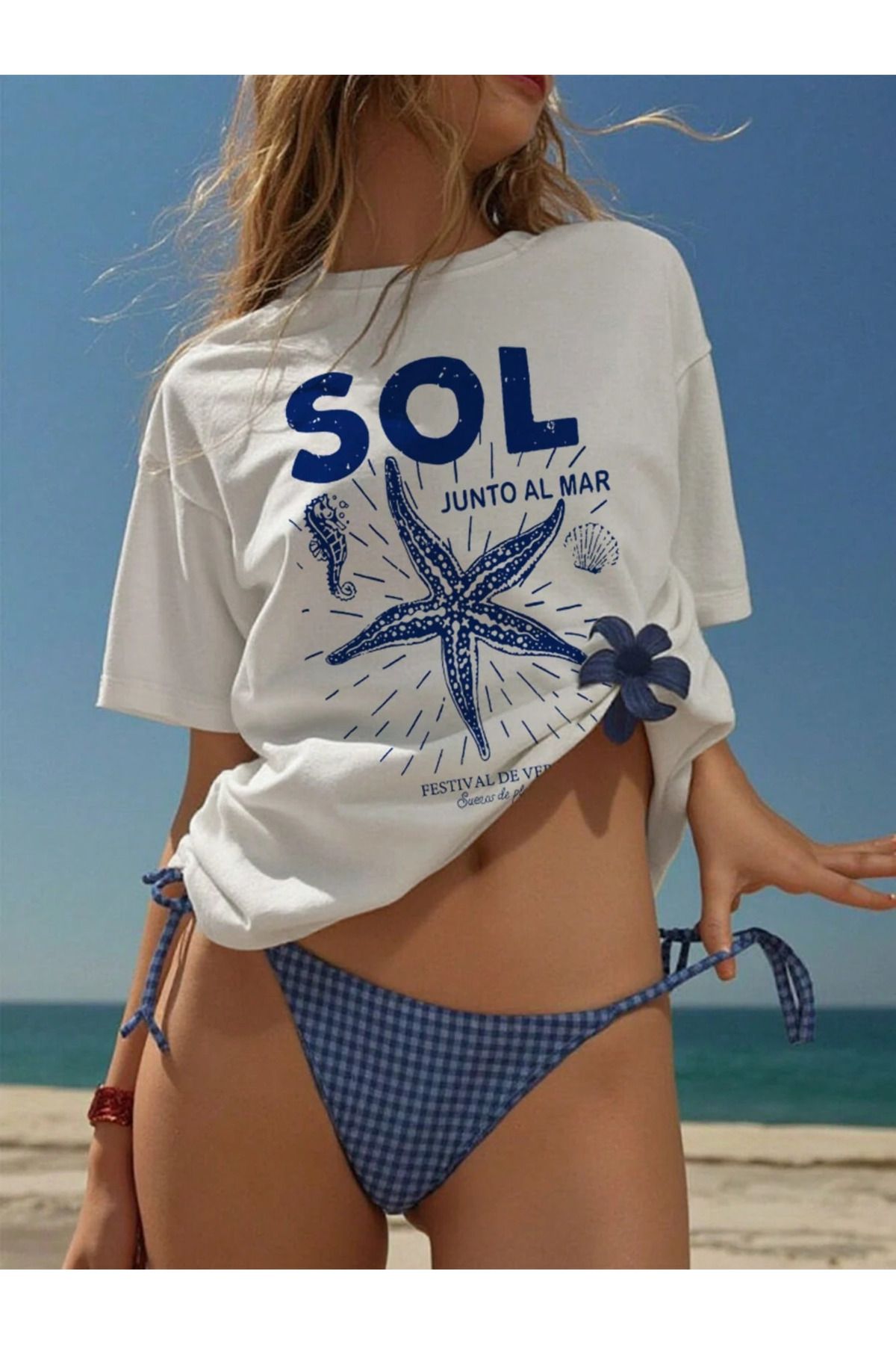 New Shine Unisex Oversize SOL Yıldız Navy Blue Starfish Loose T-shirt