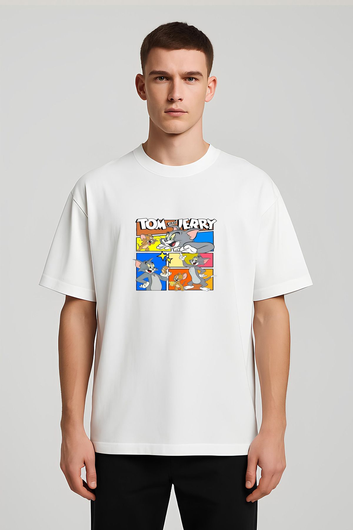MODA Unisex Oversize Kalıp Tom and Jerry Baskılı T-Shirt