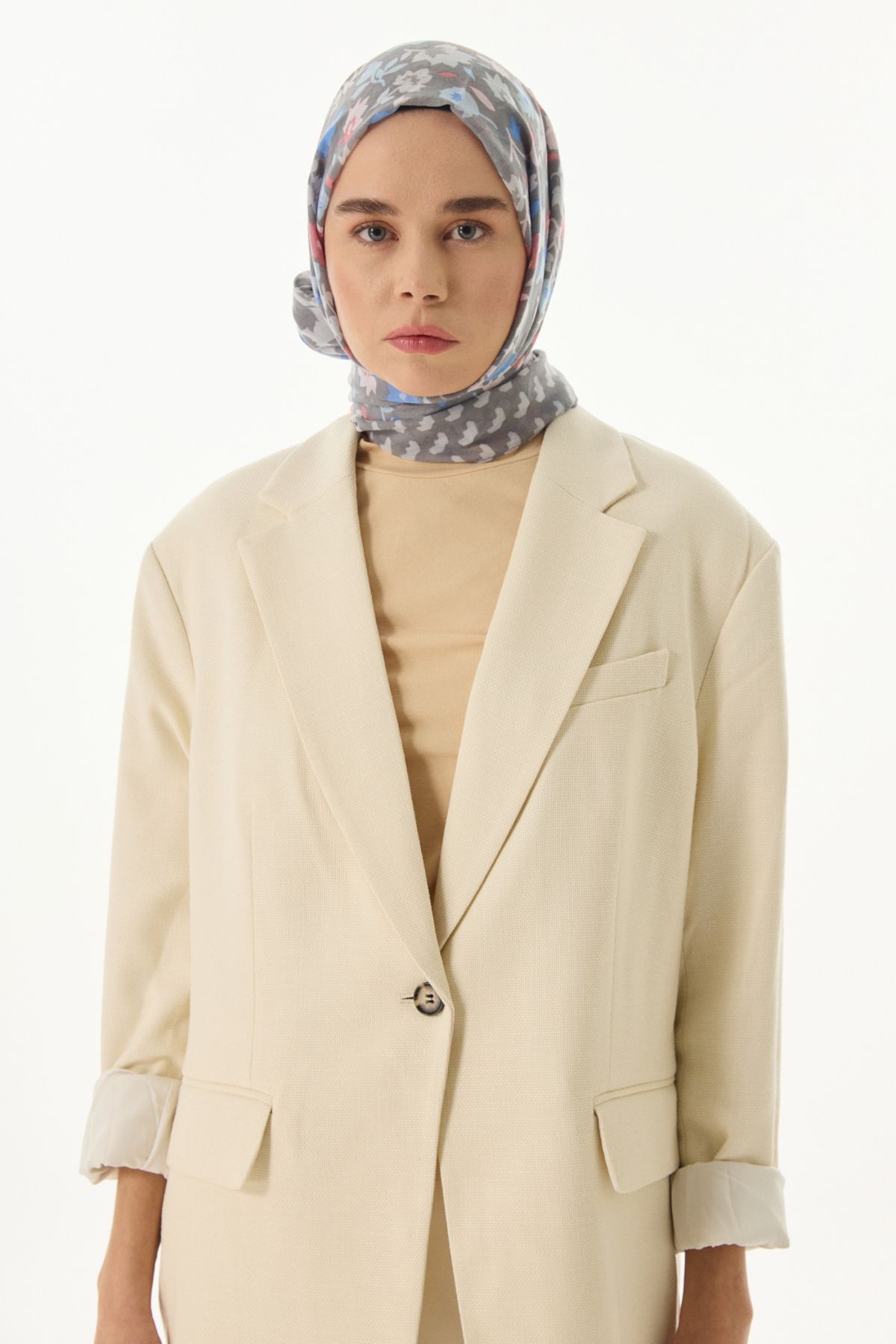 FENZA SCARF Çiçekli Desen Pamuklu Şal - Gri-Pudra