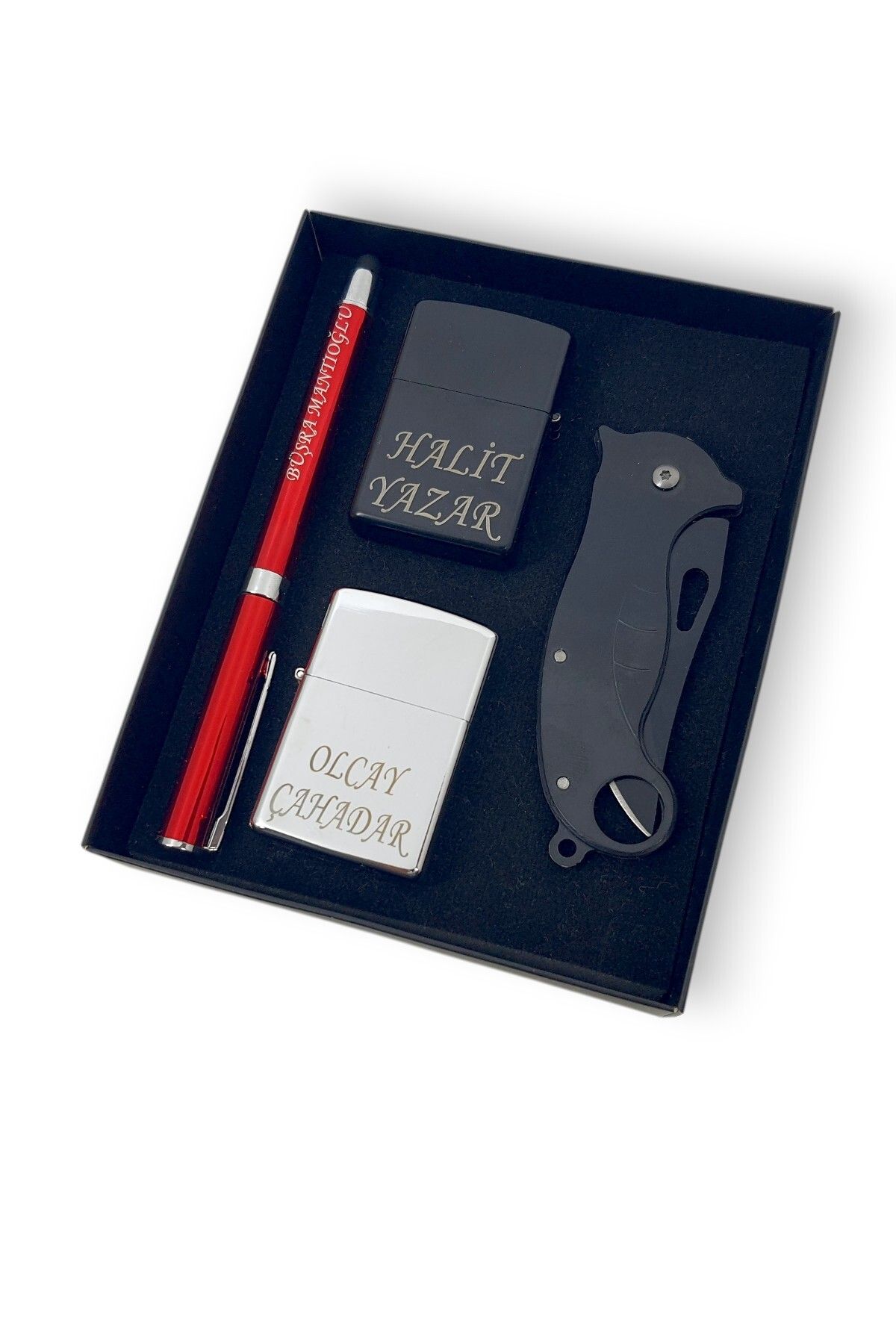 SürLaz 4 Parça Süper Set İsme Özel Kırmızı Touch Pen Kalem Katlanabilir İsme Özel Çakı 2 İsme Özel Çakmak