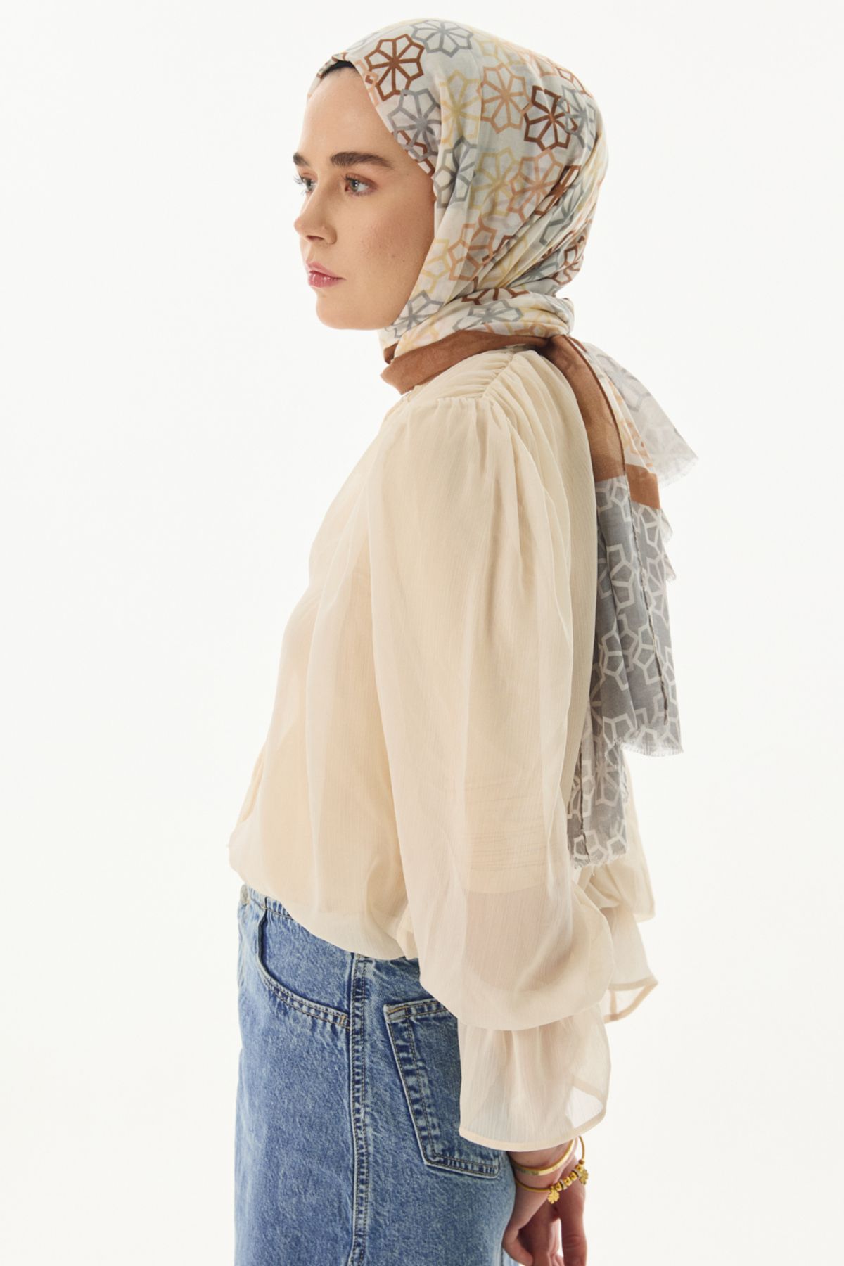 FENZA SCARF Yıldız Desenli Pamuklu Şal - Krem-Tarçın