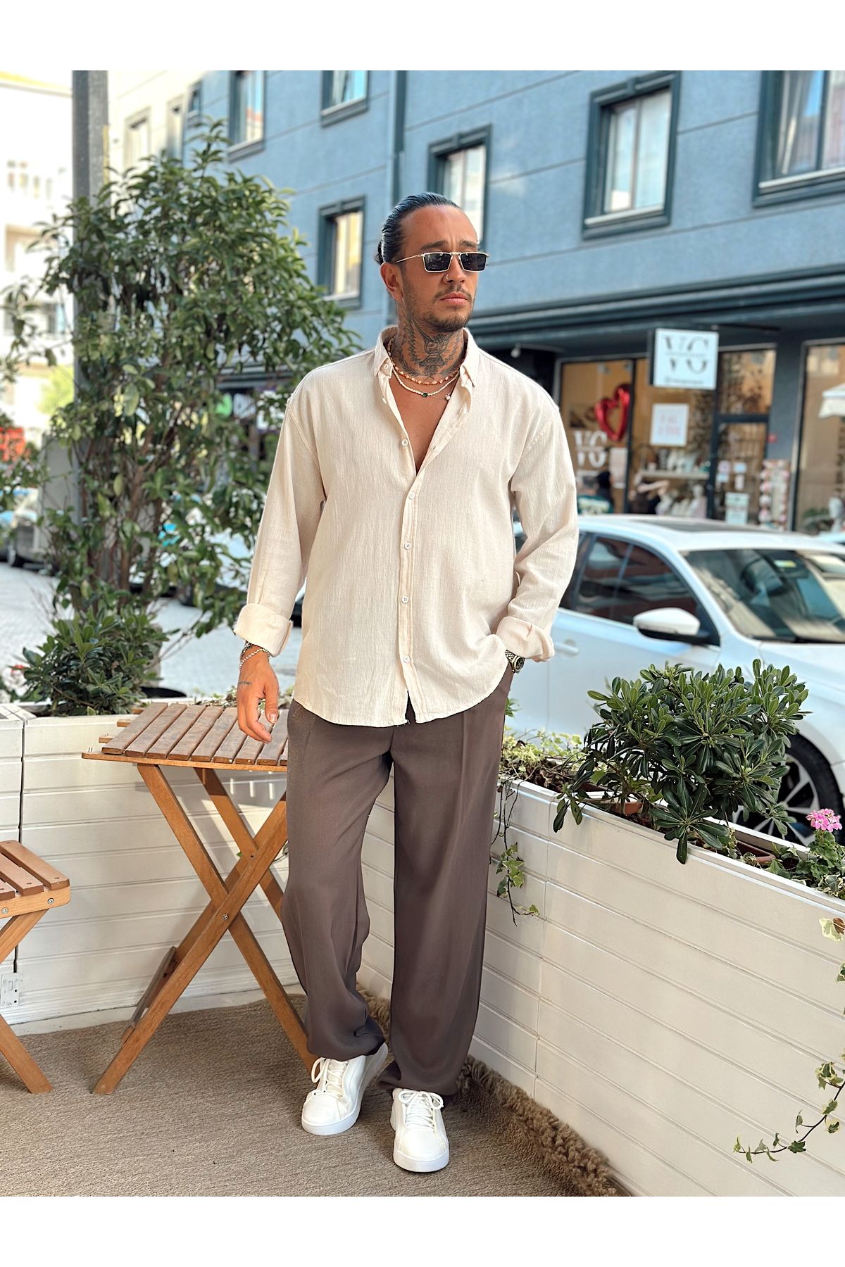 manch collection Oversize Krinkıl Keten Gömlek krem