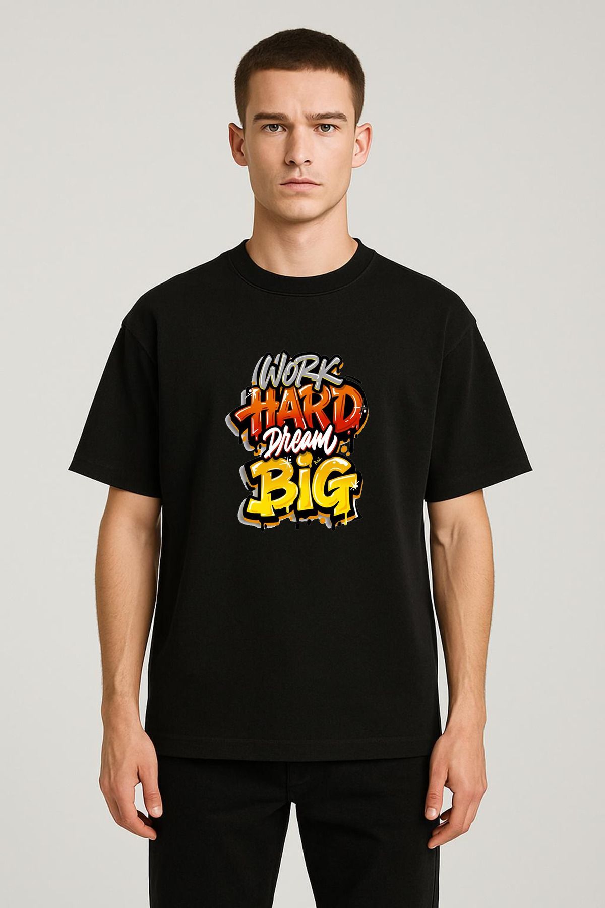 MODA Unisex Oversize Kalıp Work Hard Baskılı T-Shirt