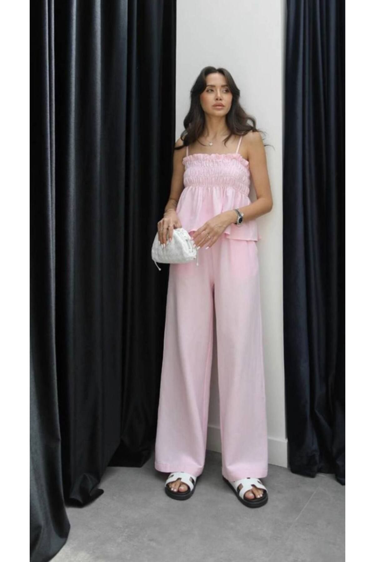 DUSOHOME Pembe Gipeli Bluz Pantolon Keten Takım