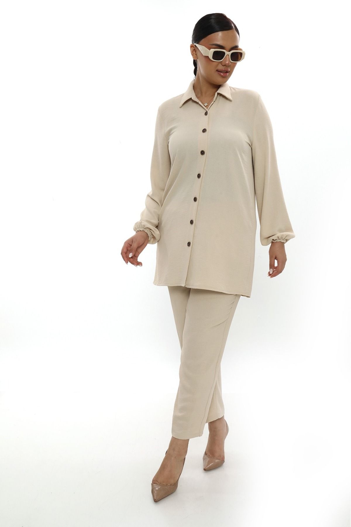 Butik Aerobin keten tunik pantolon takım