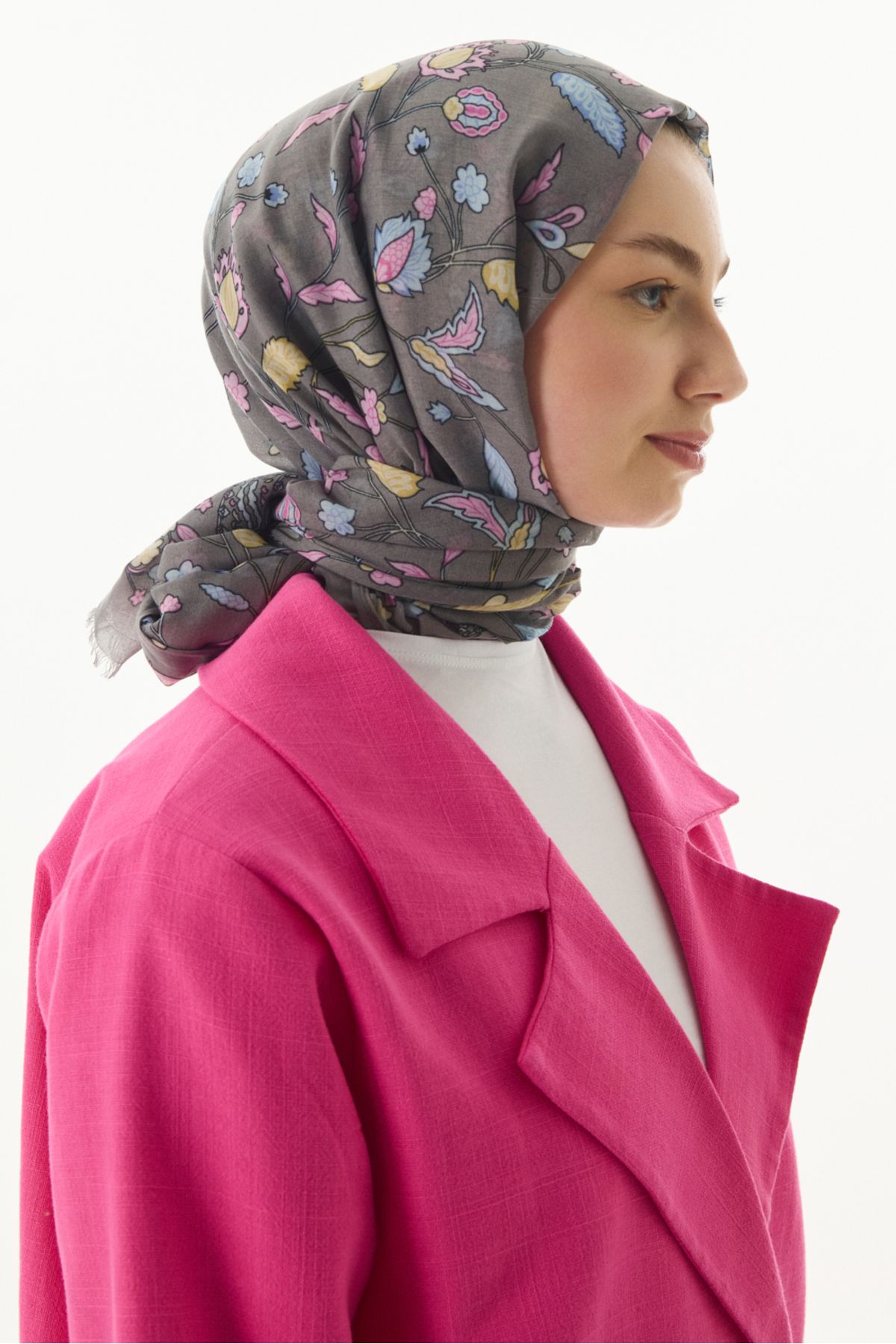 FENZA SCARF Lina Desen Pamuklu Şal - Gri-Pudra