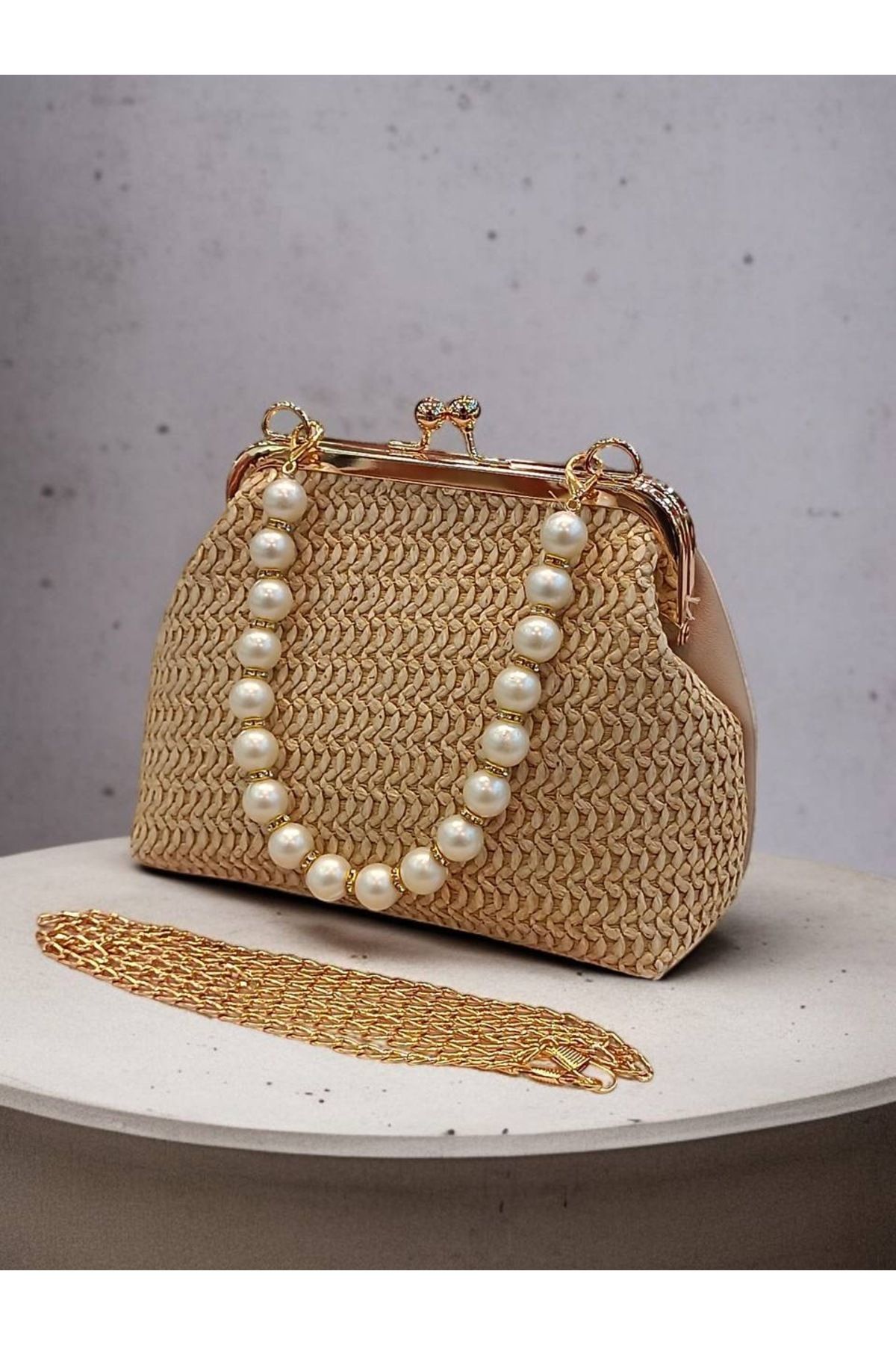 Babydoll Bag Kadın Hasır Görünümlü Boncuk Saplı El ve Omuz Çanta
