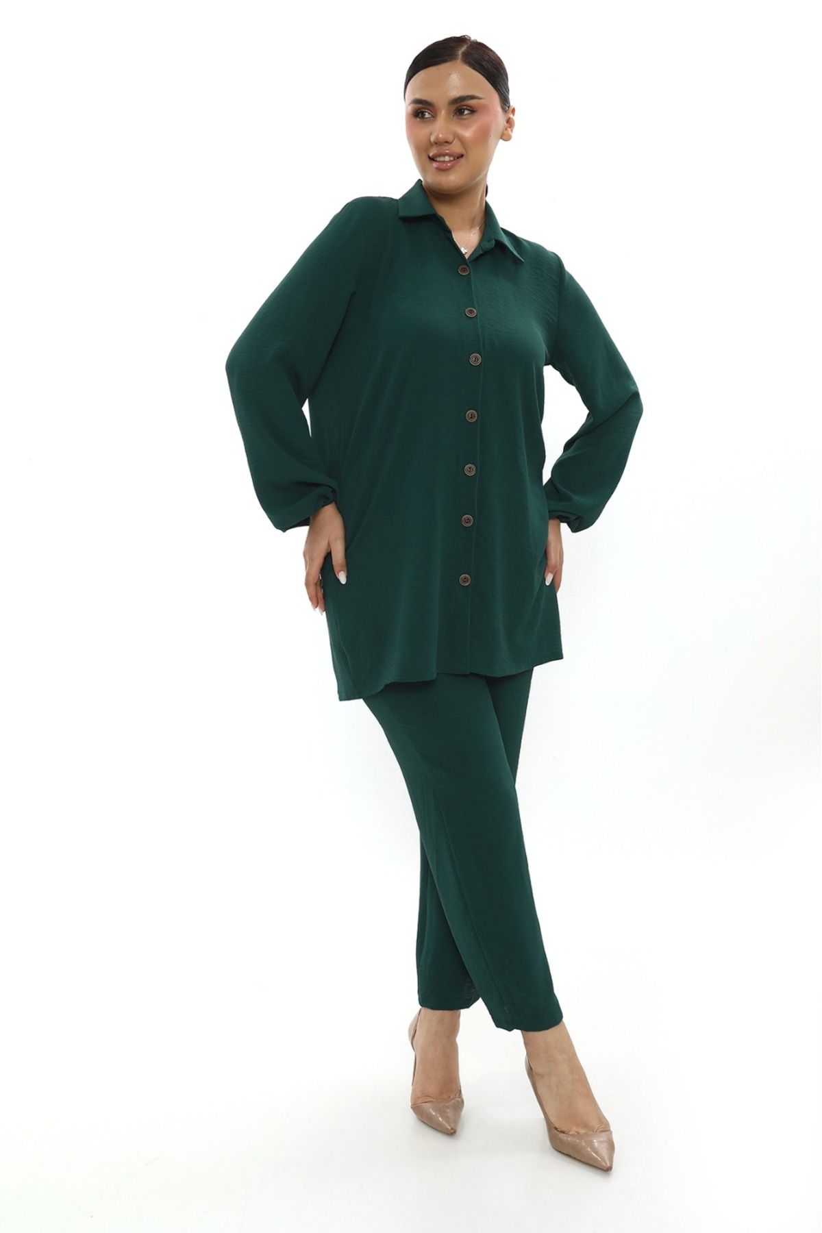 Butik Aerobin keten tunik pantolon takım
