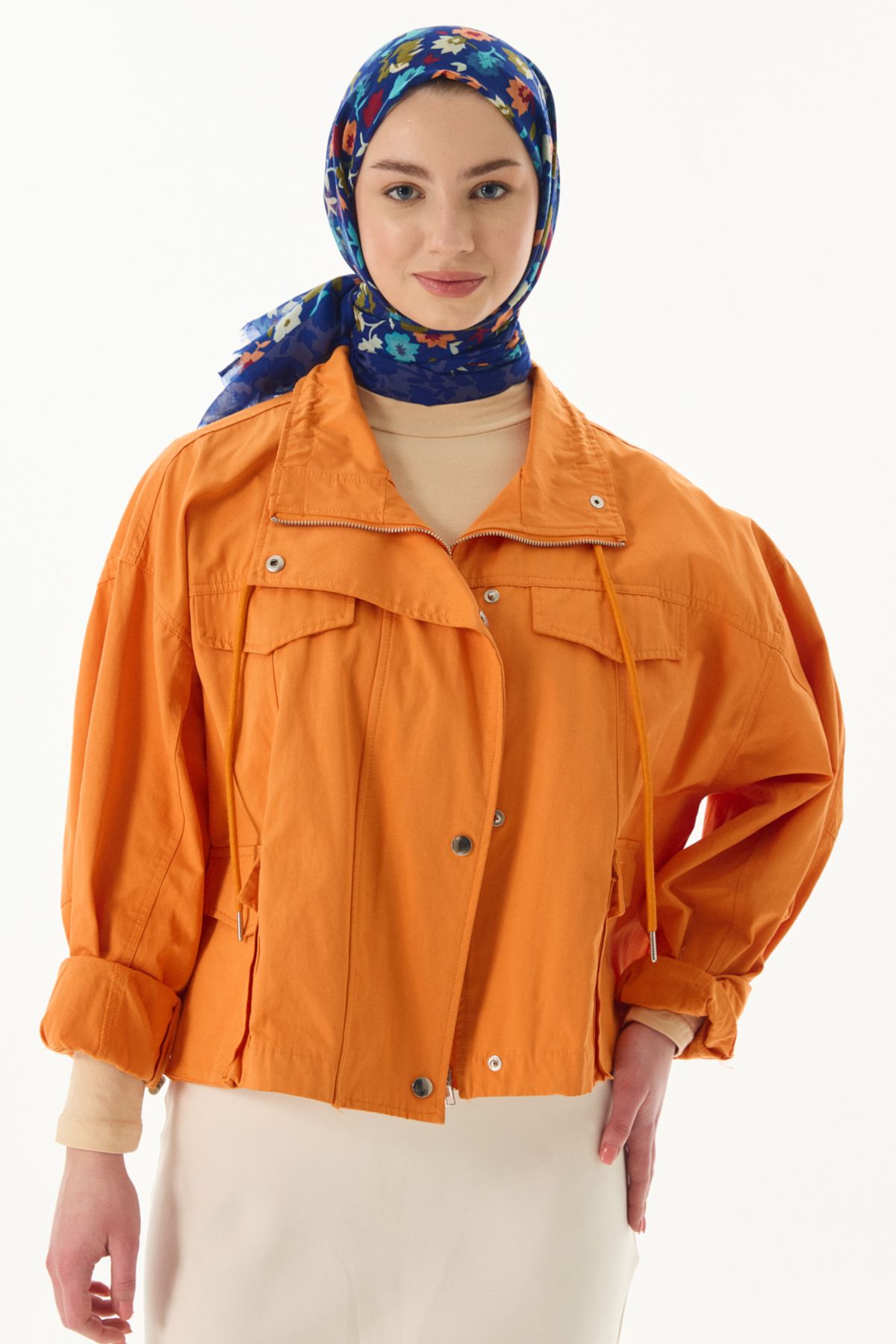 FENZA SCARF Çiçekli Desen Pamuklu Şal - Saks-Haki