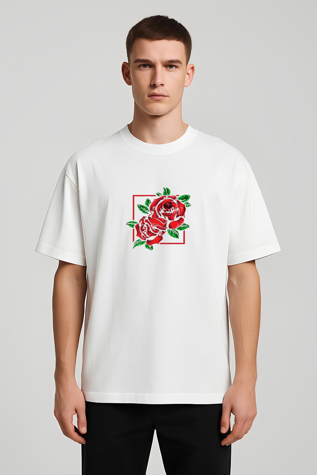 MODA Unisex Oversize Kalıp Gül Baskılı T-Shirt