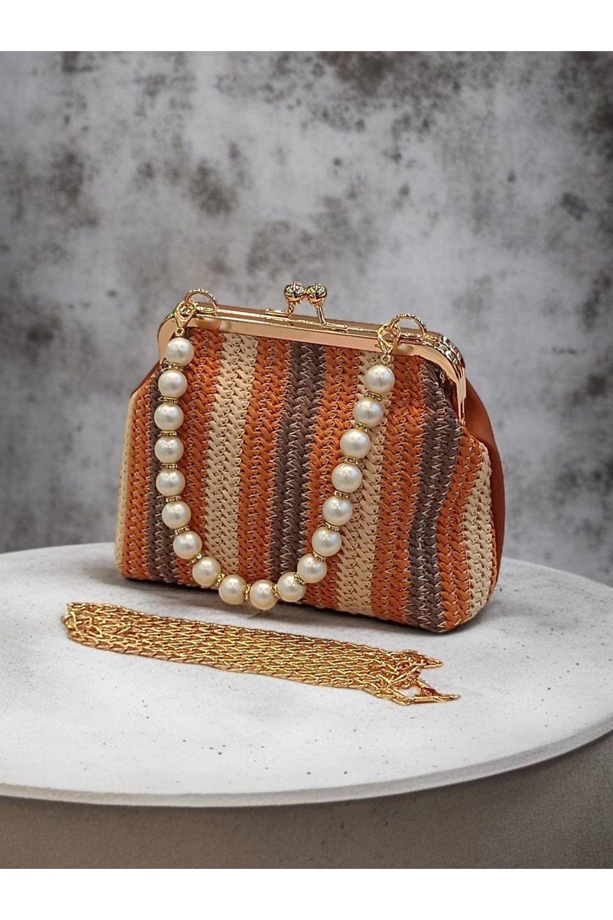 Babydoll Bag Kadın Hasır Görünümlü Boncuk Saplı El ve Omuz Çanta