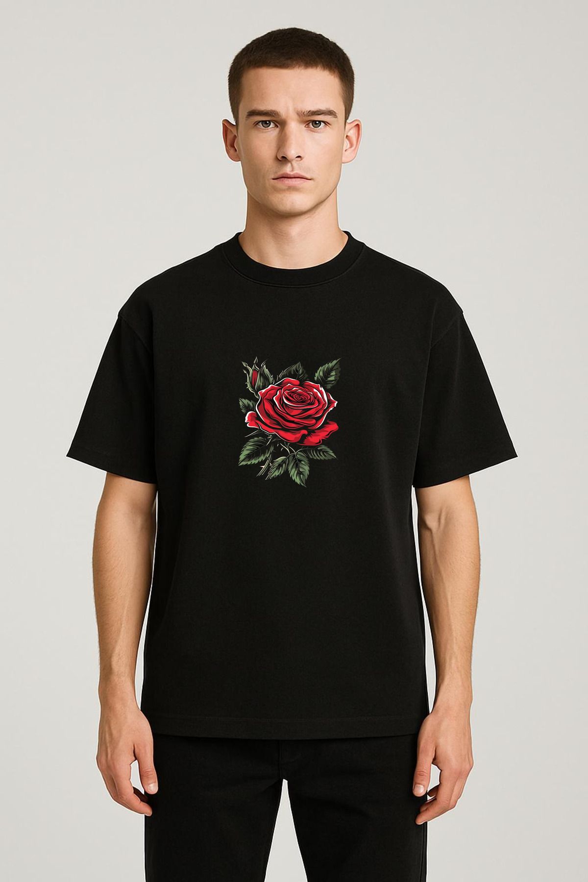 MODA Unisex Oversize Kalıp Gül Baskılı T-Shirt