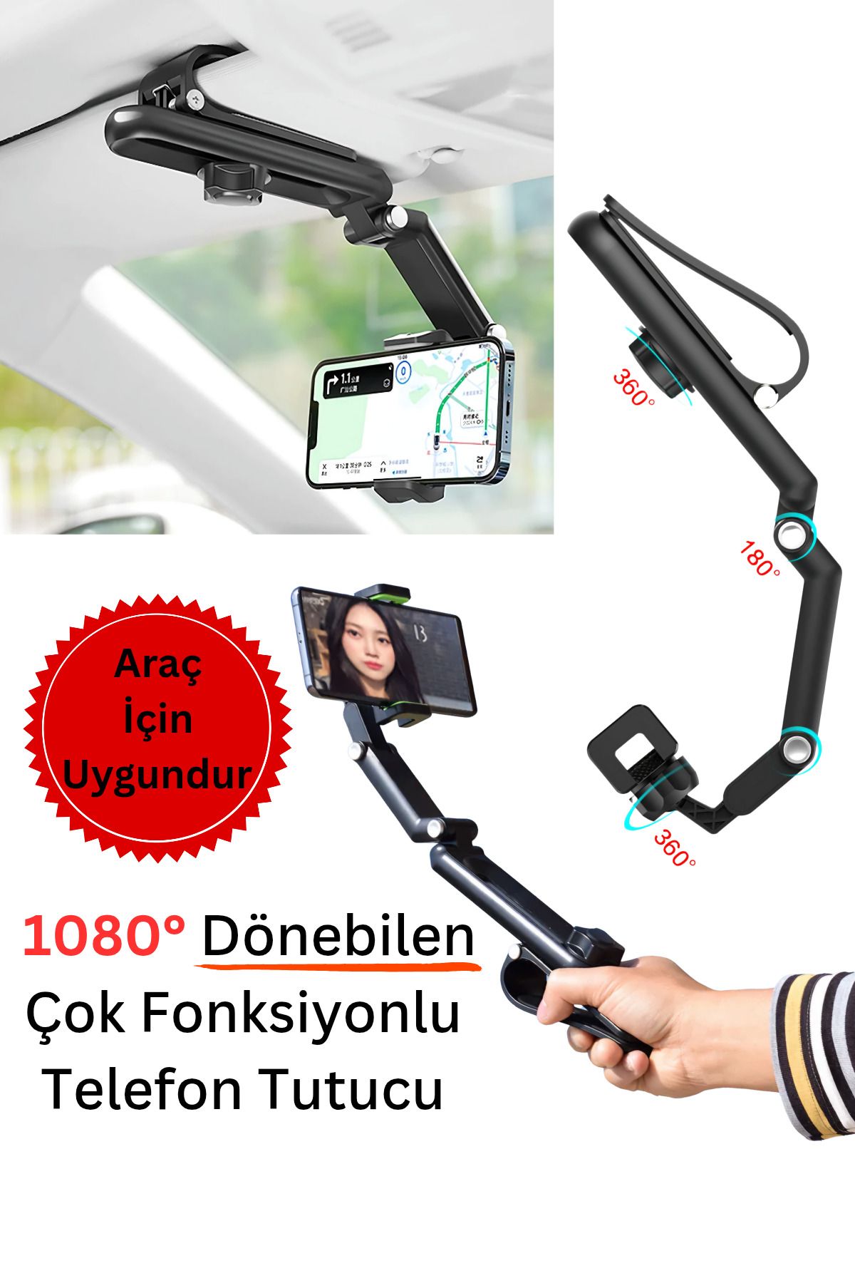 Shopura Araç içi Telefon Tutucu Ayarlanabilir Uzayabilen 1080 Dönebilen Akrobat Araç Içi Cep Telefon Tutucu