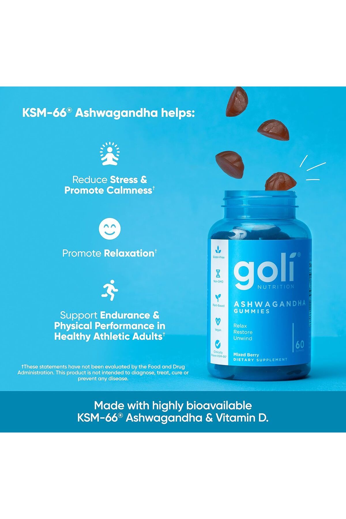 GOLİ Goli Ashwagan.dha.a & Vitamin D Gummy - 60 Count - Mixed Berry, KSM66, Vegan