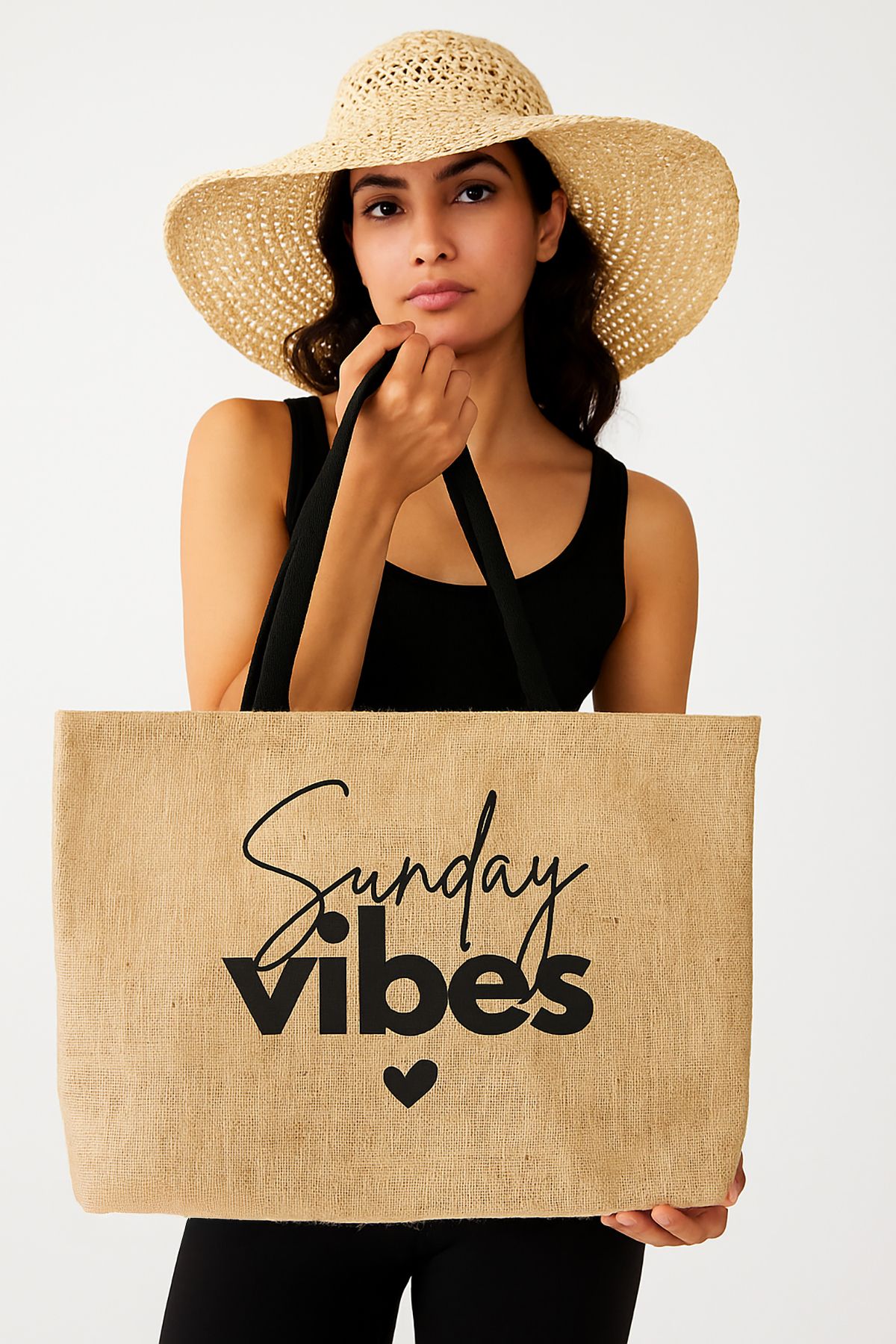 REKHOME Sunday Vibes Baskılı Hasır Renkli Naturel Jüt Alışveriş, Piknik, Omuz, Deniz Plaj Çantası 56x40x8