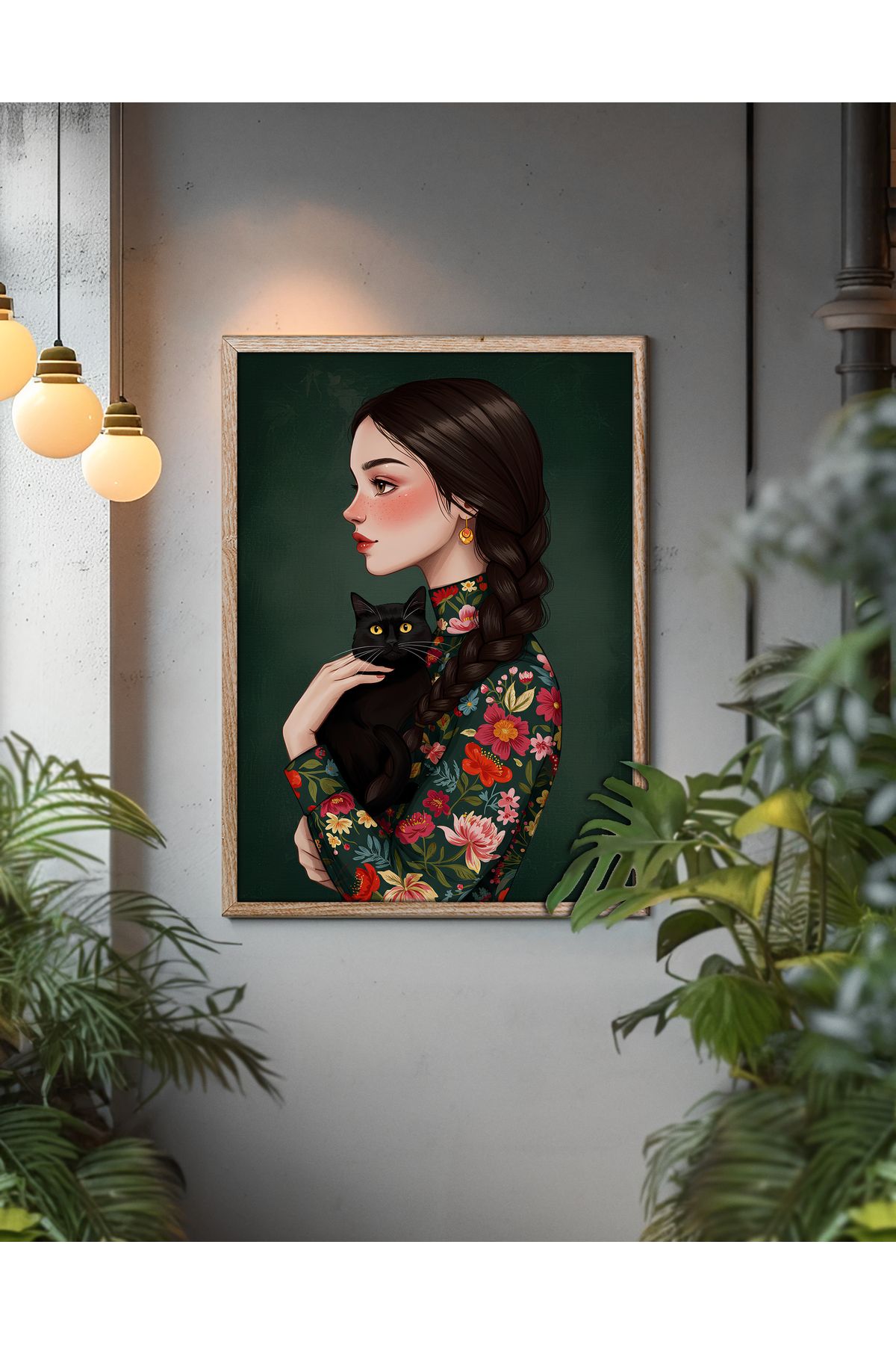 sames decoration Kız ve kara kedi - Dijital illüstrasyon çalışması - Tekli tablo
