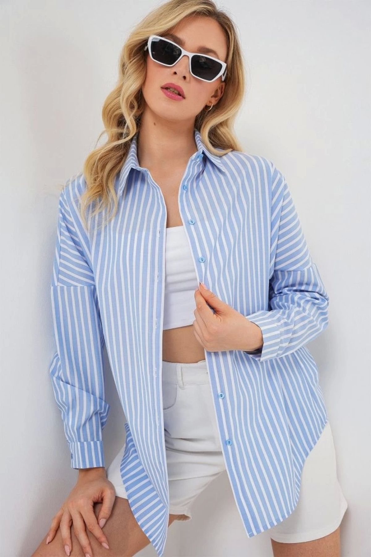Butik Çizgili Oversize Gömlek 20332 - B.Mavi