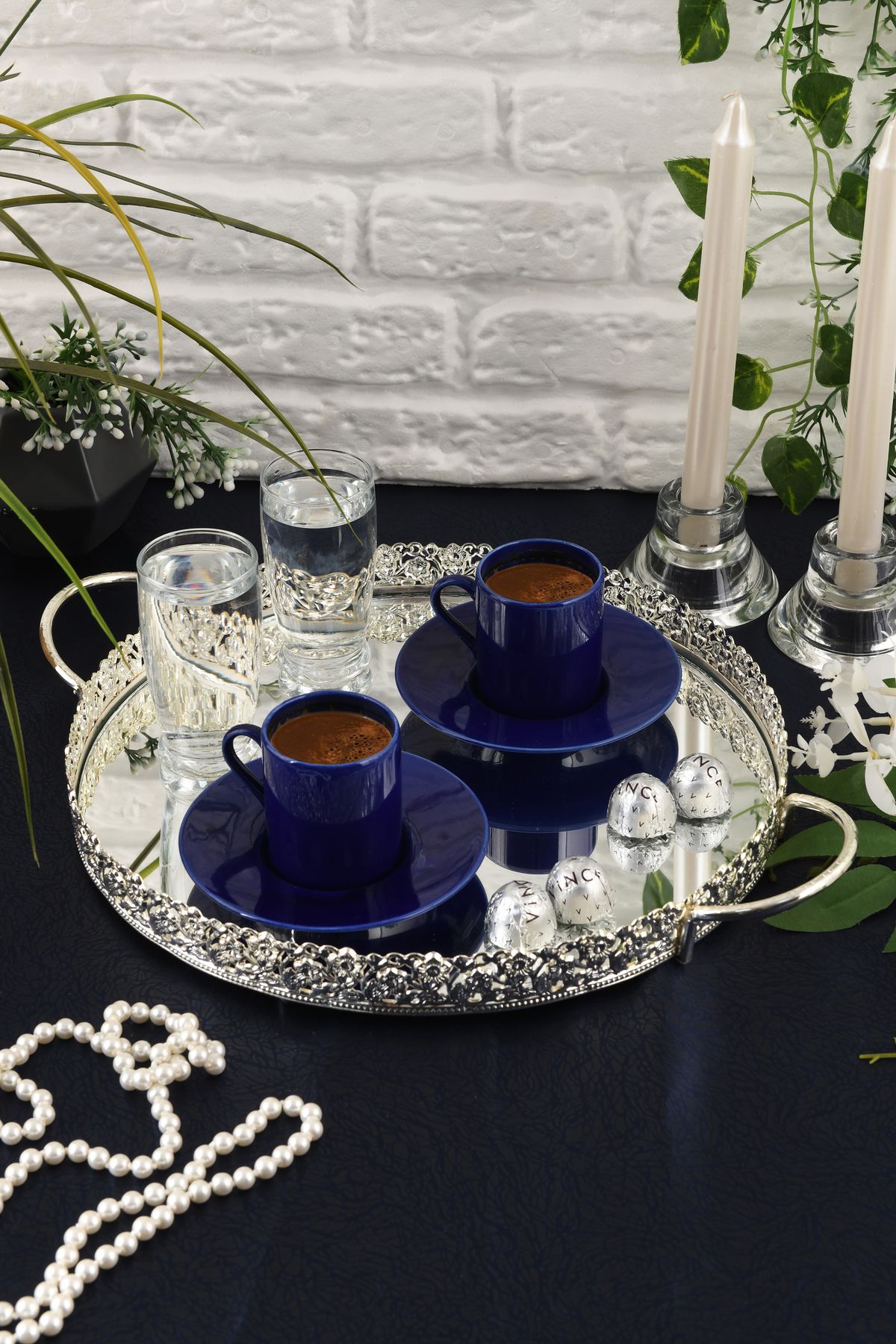 HELVACIOĞLU AKSESUAR Aynalı Kulplu Kahve, Çay, Çikolata Sunum Tepsisi 30 cm