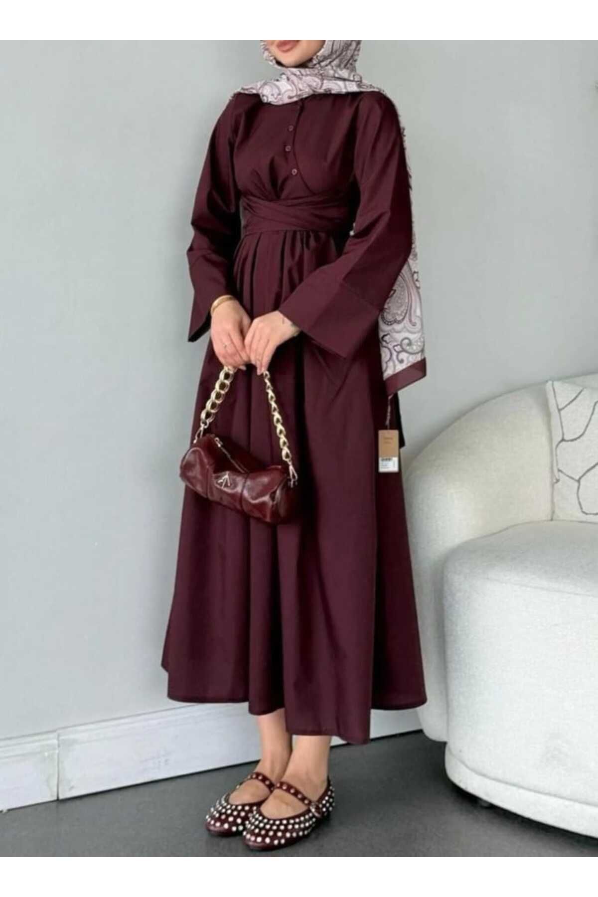 moda paketi Tesettür Elbise Beli lastikli Bağlamalı Düğmeli