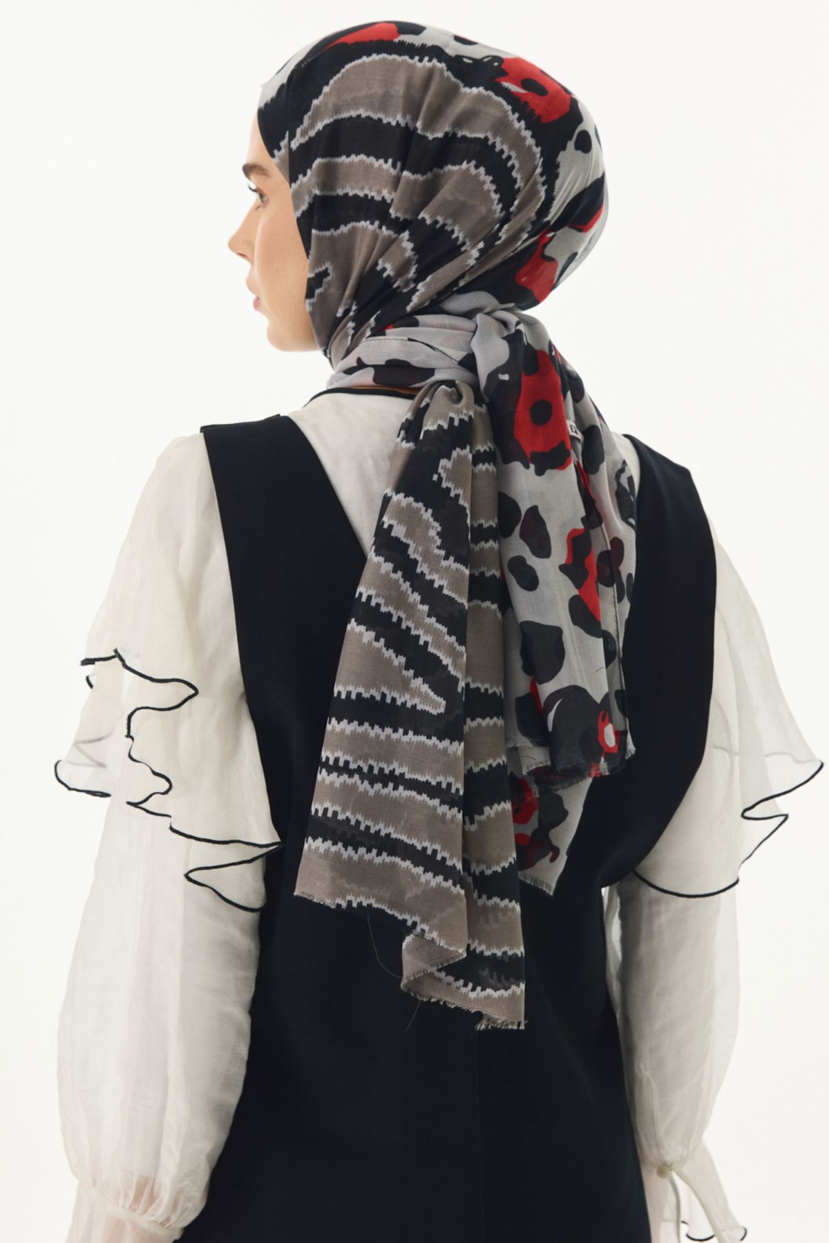FENZA SCARF-Gradient Pattern Cotton Shawl - Red-Grey 5