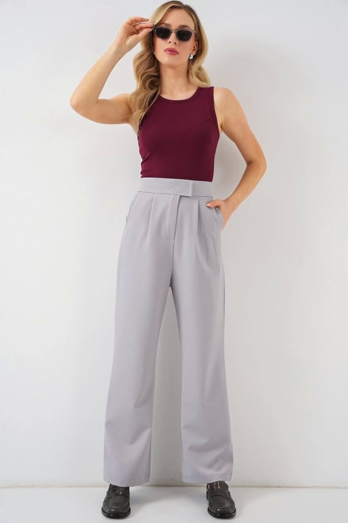 Butik 6612 Yüksek Bel Kumaş Pantolon - Gri