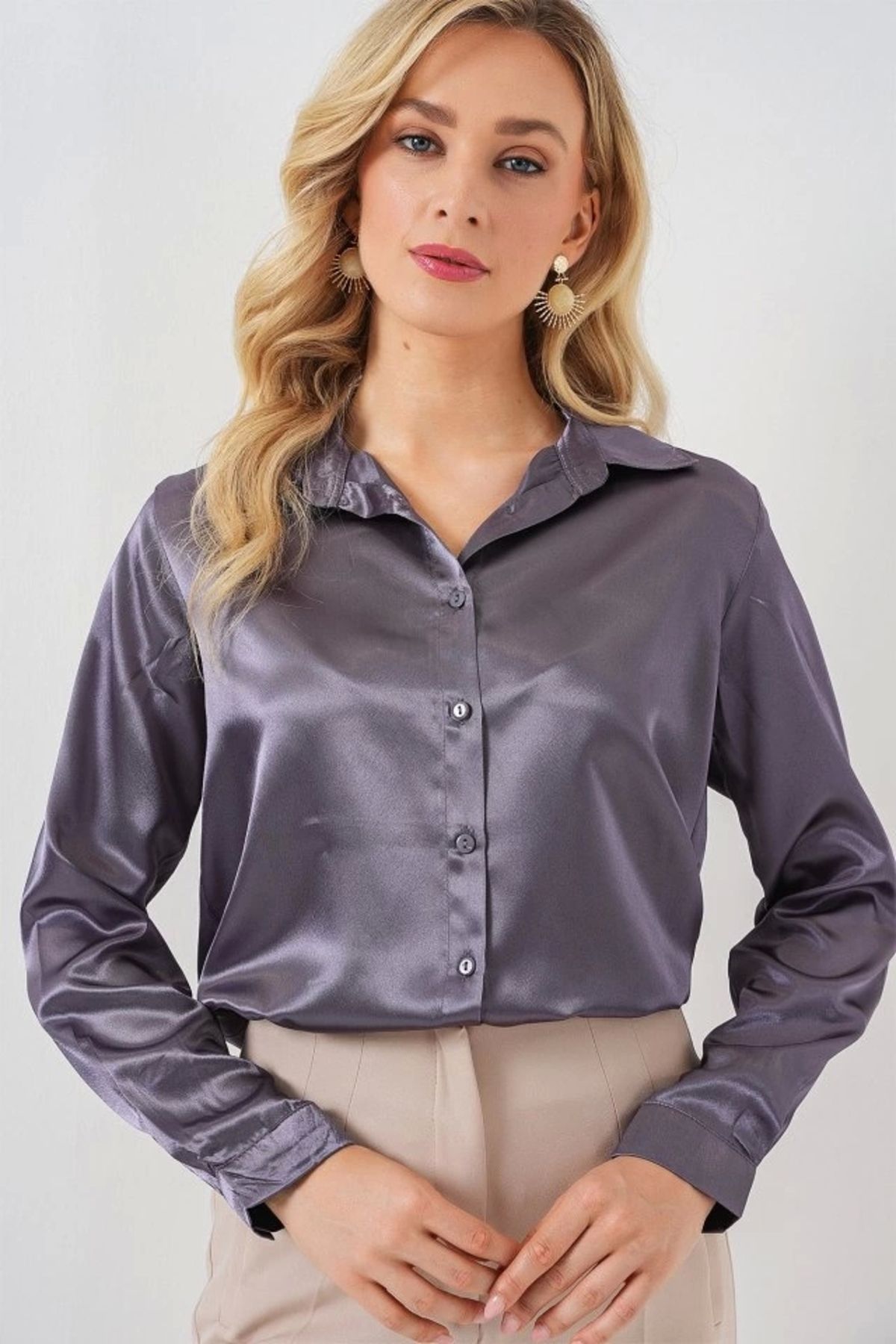 Butik 3964 Hafif Dökümlü Saten Gömlek - Antrasit