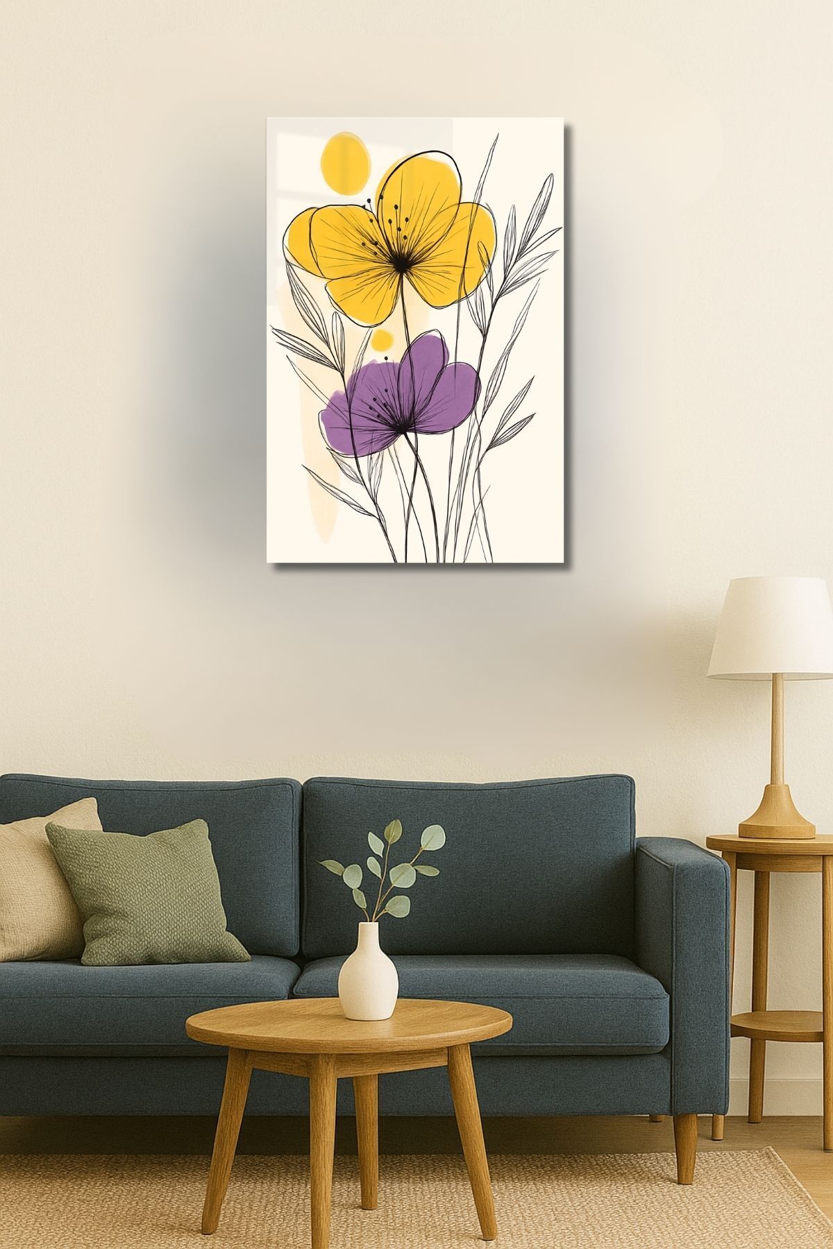 Cam Tablo Sarı ve Mor Çiçek Desenli Çizgisel Cam Tablo – Minimalist Modern Tasarım | Temperli Cam |