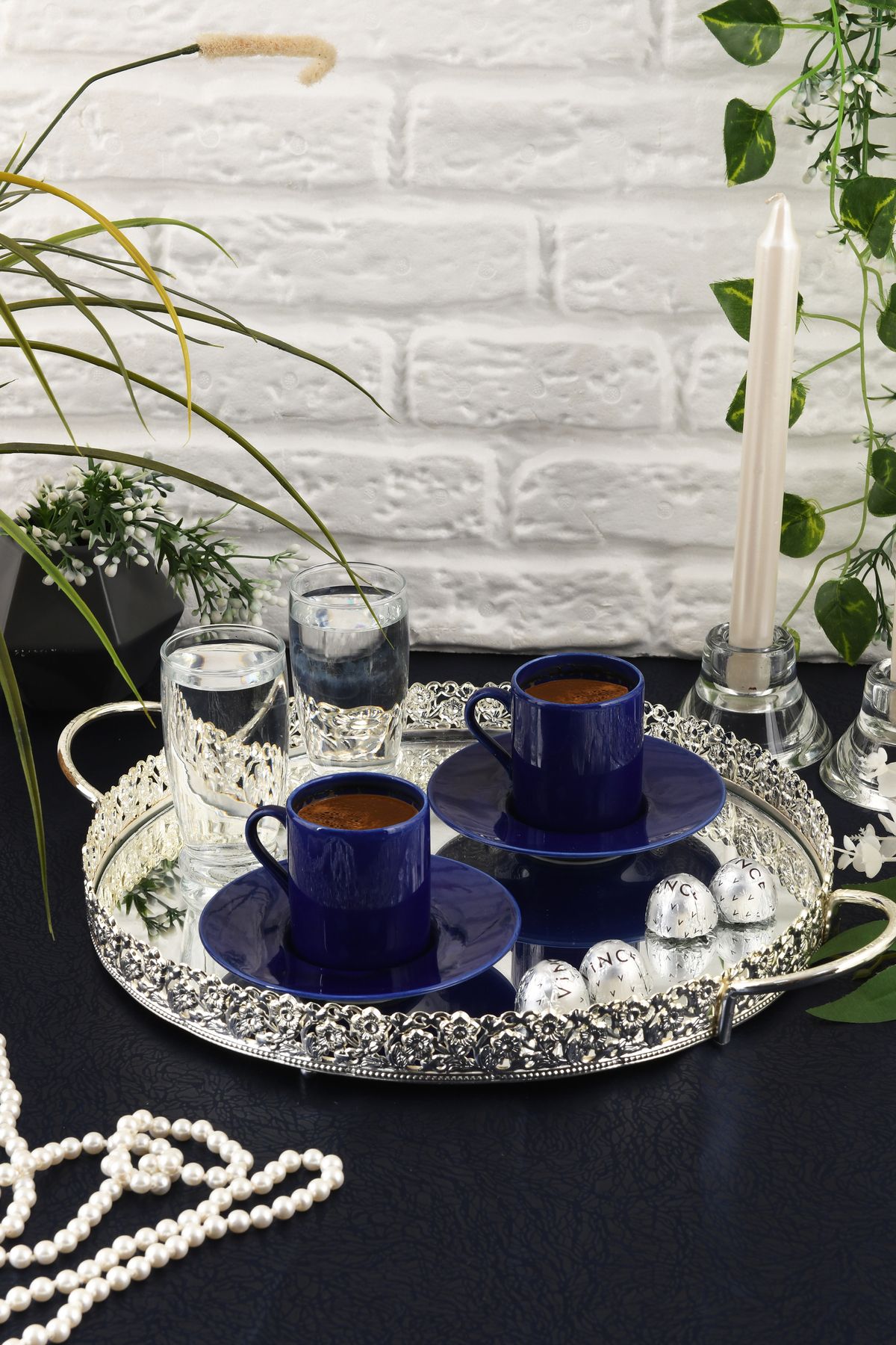 HELVACIOĞLU AKSESUAR-Coffee, Tea, Chocolate Presentation Tray with Mirror Handle 30 cm 6