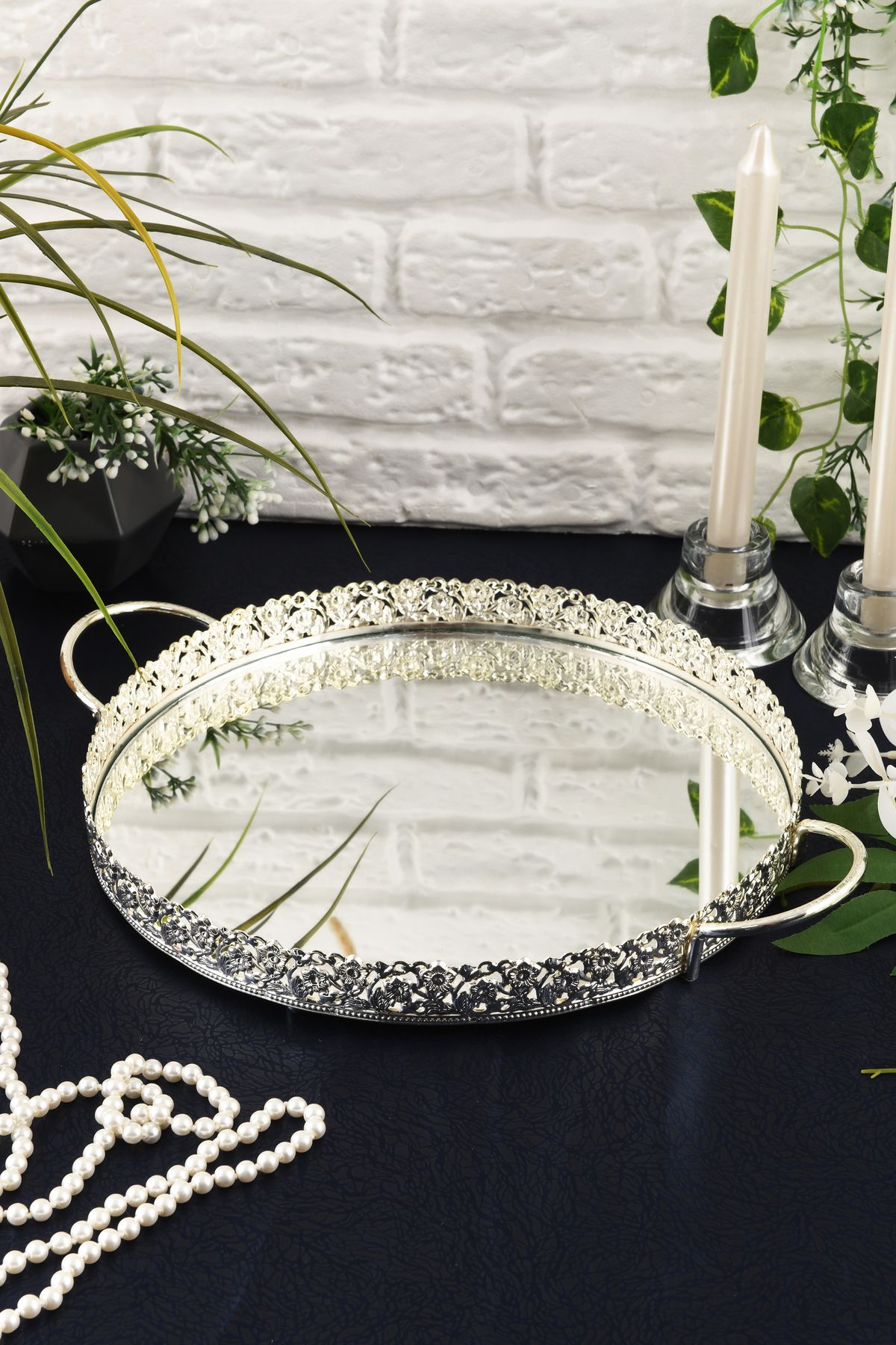 HELVACIOĞLU AKSESUAR-Coffee, Tea, Chocolate Presentation Tray with Mirror Handle 30 cm 3
