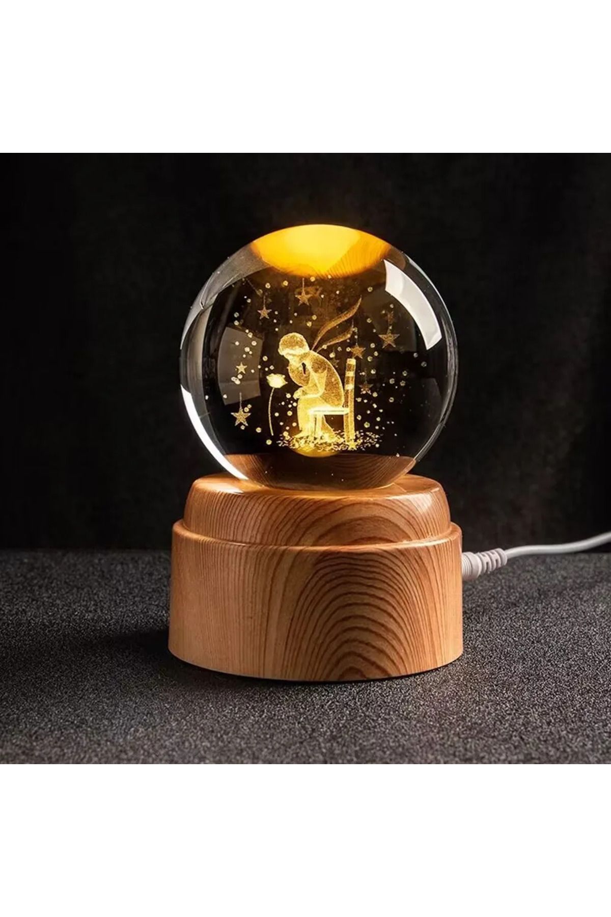 Wolawood Premium Dönen Kristal Cam Küre 3D Led Işıklı USB'li Gece Lambası Masaüstü Dekoratif Hediyelik Set