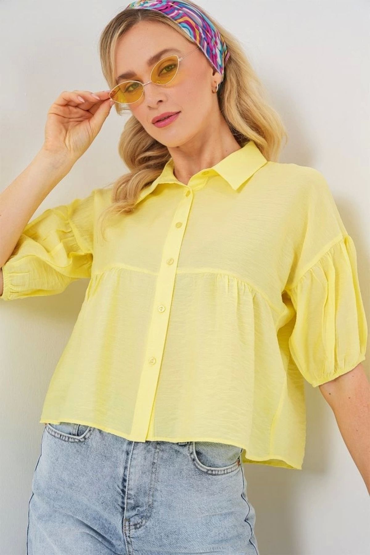 Butik Kısa Kol Crop Gömlek 20335 - Sarı