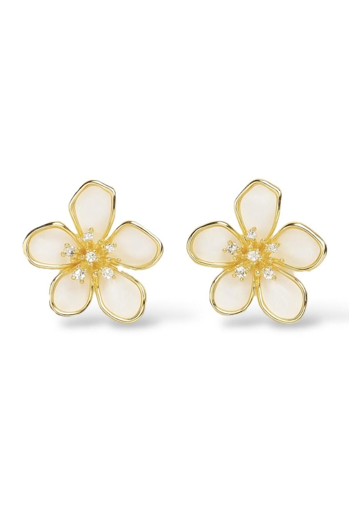 neslyaccessories Flora Glow Görünümlü Taşlı Çiçek Küpe | Krem Ekru - Gold | 3 cm