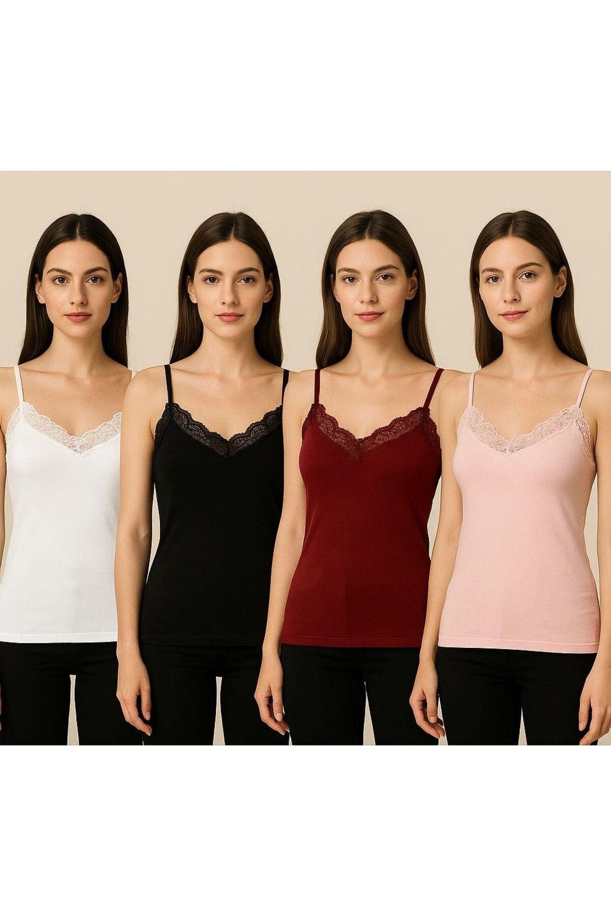 ek bykuzeylingerie 4'lü Kadın Atlet ip Askılı Dantelli Atlet