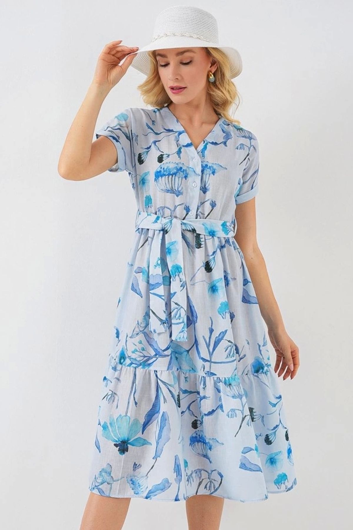 Butik Desenli Kısa Kol Elbise 2558 - Mavi