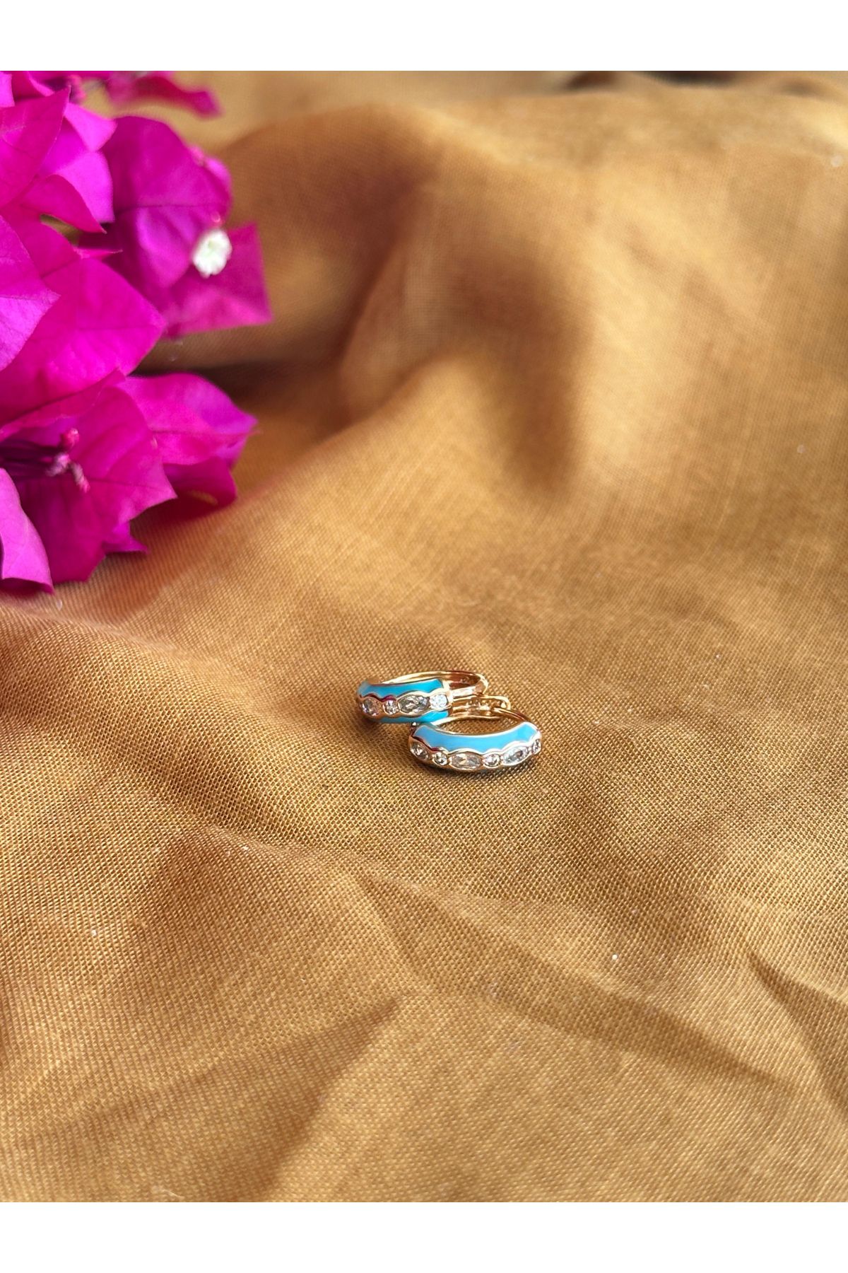 S ATELIER 14 K Altın Kaplama Mavi Küçük Halka Küpe
