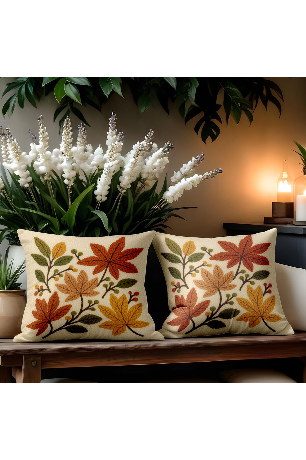 ALAMODECOR Punch Nakış Desenli Çift Tara0flı Dijital Baskılı Sonbahar Yaprakları Temalı 2li Kırlent Kılıfı